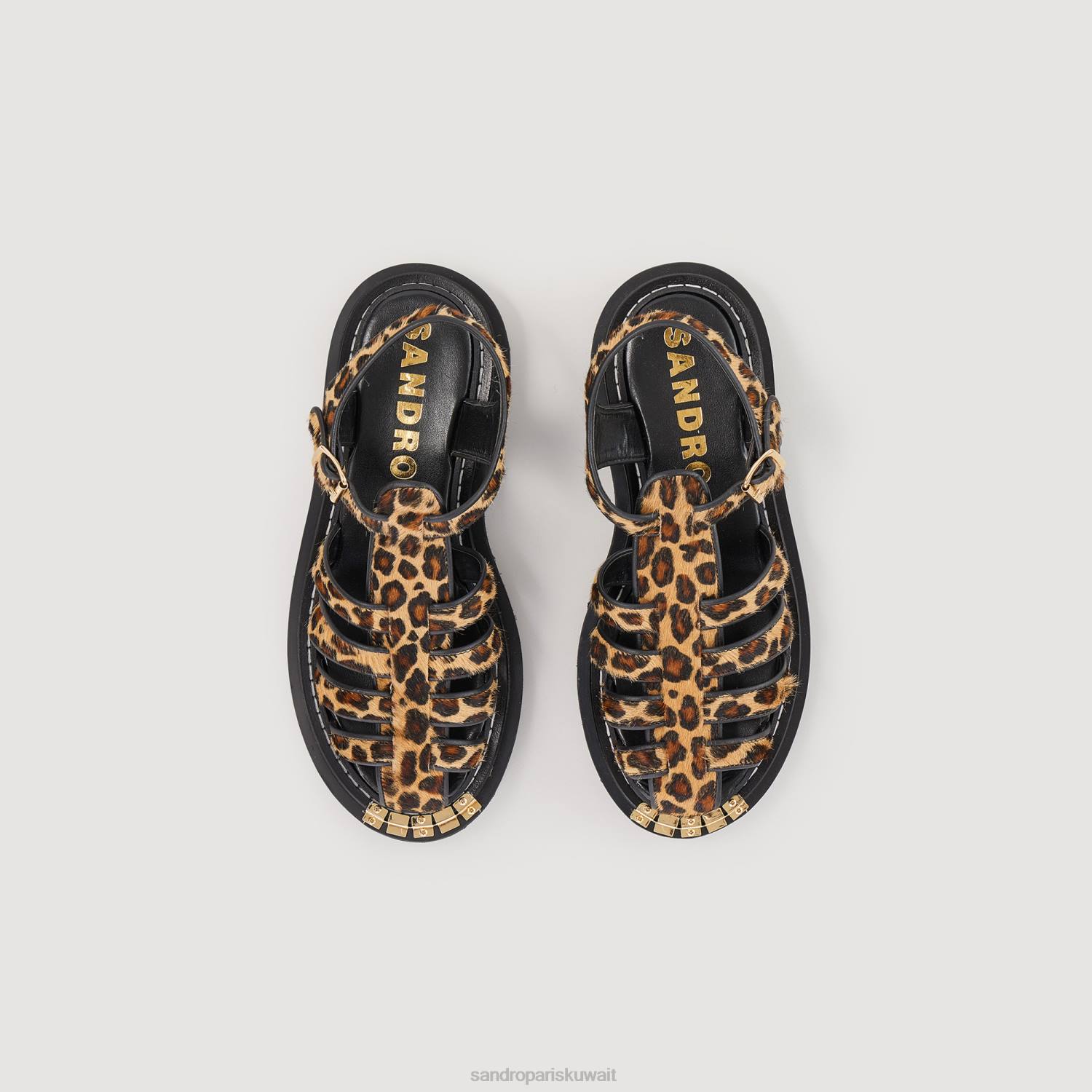 أحذية Sandro Paris صندل جلد بتأثير جلد الفهد من أوليسا بني نحيف ZJ00467