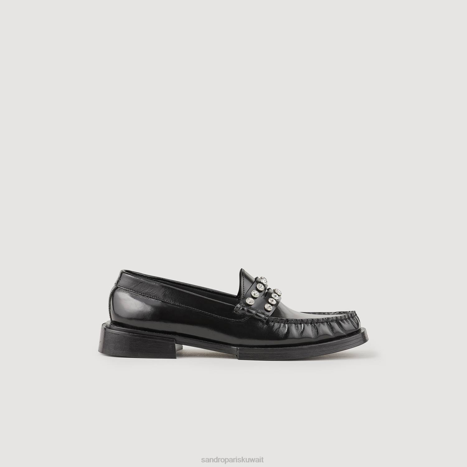 أحذية Sandro Paris المتسكعون الجلدية مع أحجار الراين أسود نحيف ZJ00488