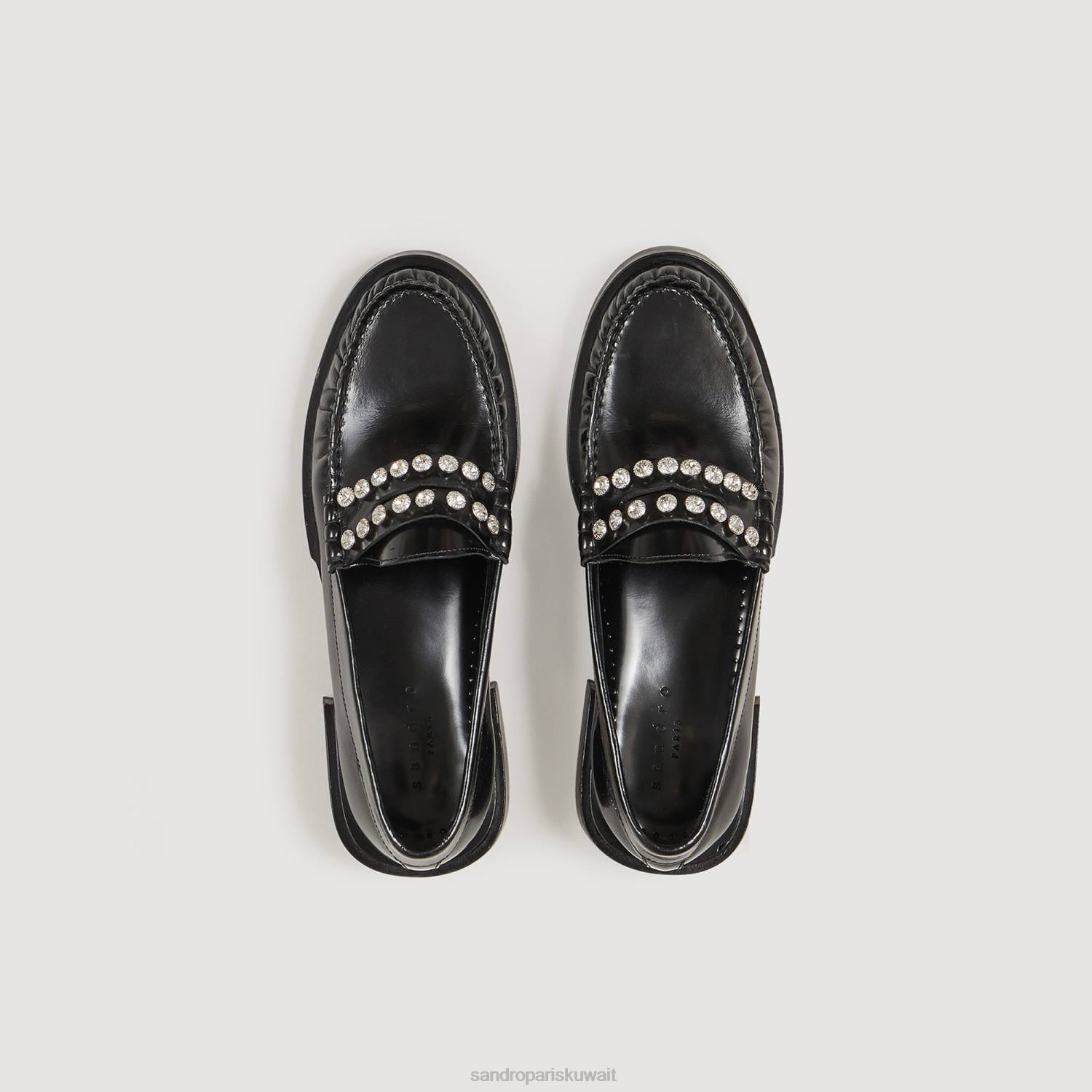 أحذية Sandro Paris المتسكعون الجلدية مع أحجار الراين أسود نحيف ZJ00488