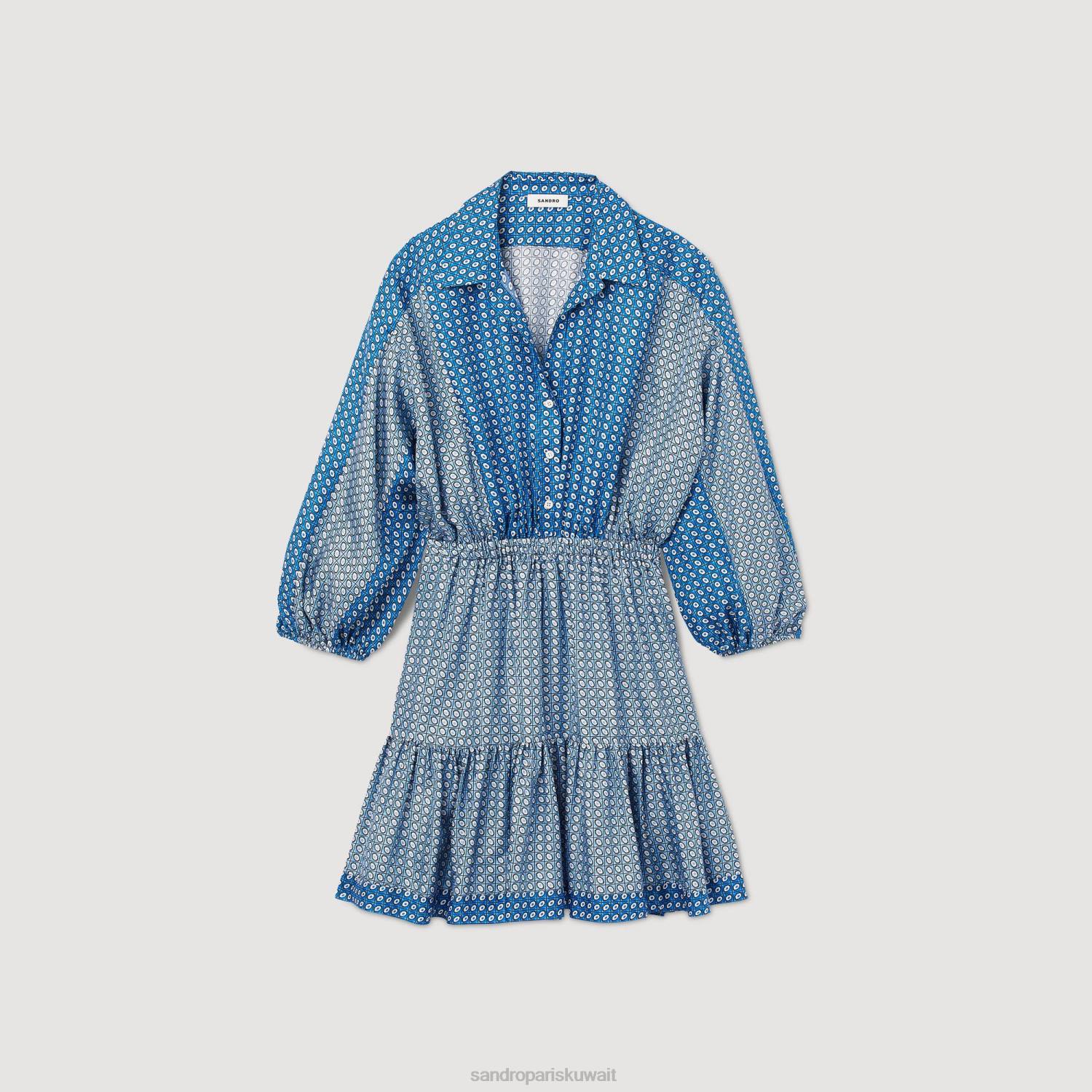 ثياب Sandro Paris فستان قصير بطبعة ربطة عنق أزرق نحيف ZJ0049