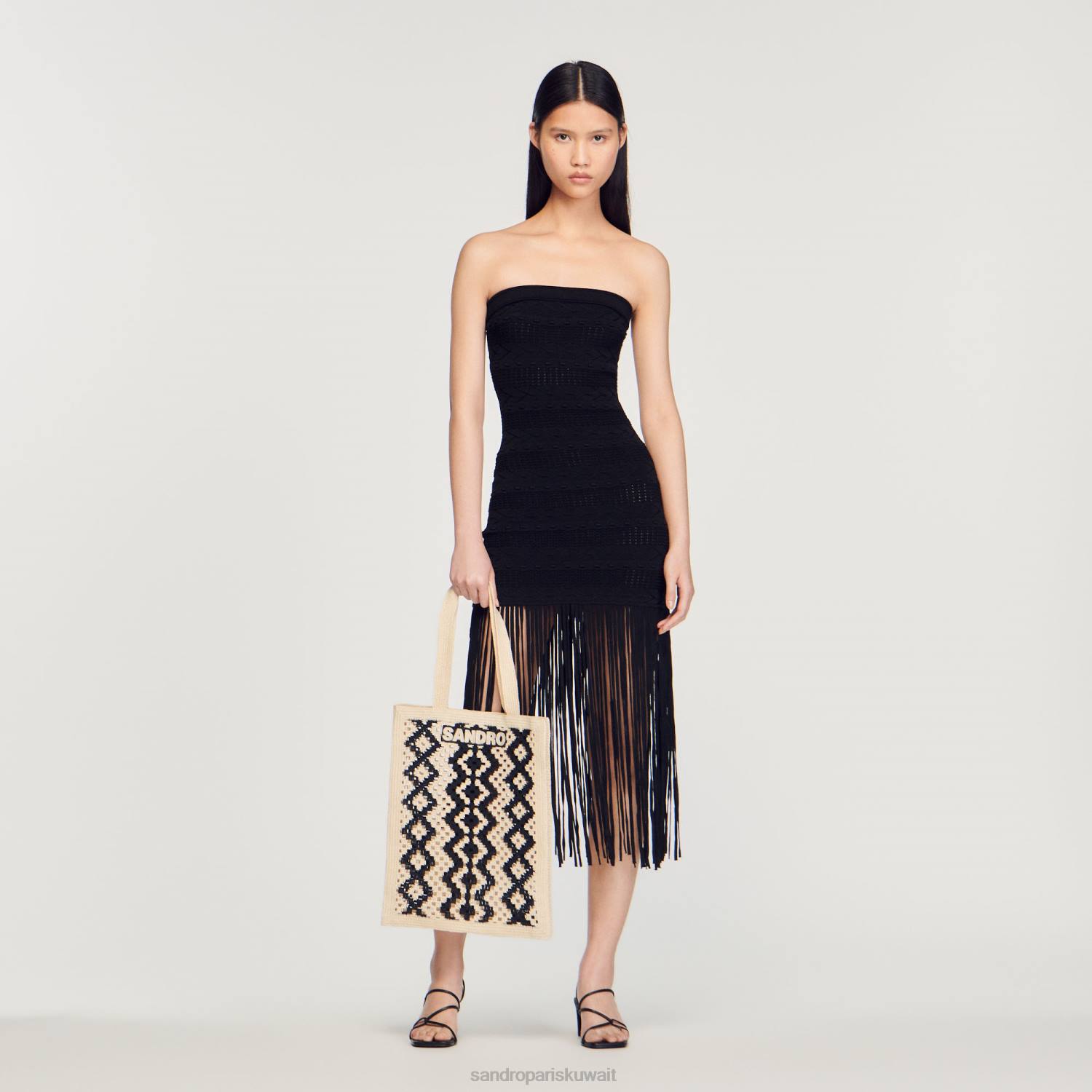 مُكَمِّلات Sandro Paris حقيبة الكروشيه بيج/أسود نحيف ZJ00498