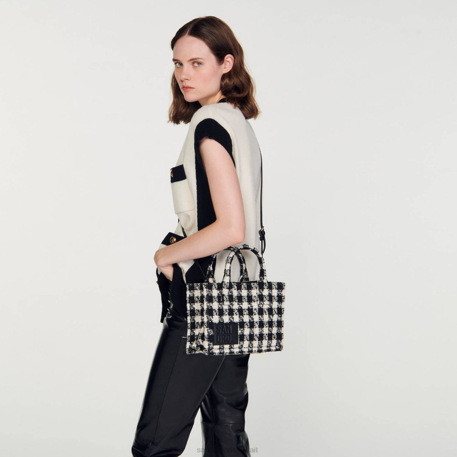 مُكَمِّلات Sandro Paris حقيبة تويد قصبة صغيرة أسود/إكرو نحيف ZJ00502