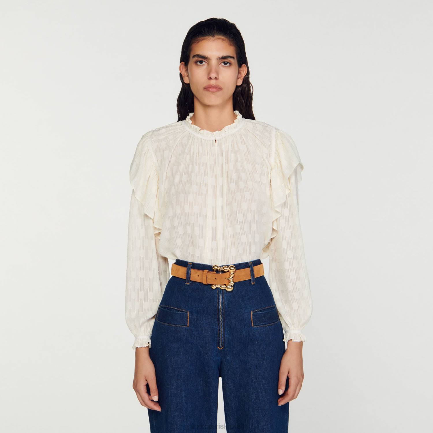 مُكَمِّلات Sandro Paris حزام من جلد الغزال الكراميل نحيف ZJ00504