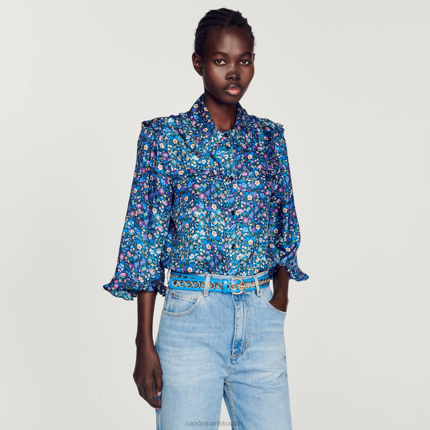 مُكَمِّلات Sandro Paris حزام من الجلد أزرق نحيف ZJ00513