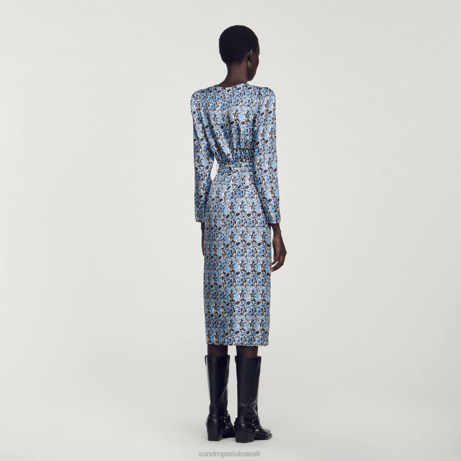 ثياب Sandro Paris فستان طويل من الحرير أزرق/بيج نحيف ZJ0051