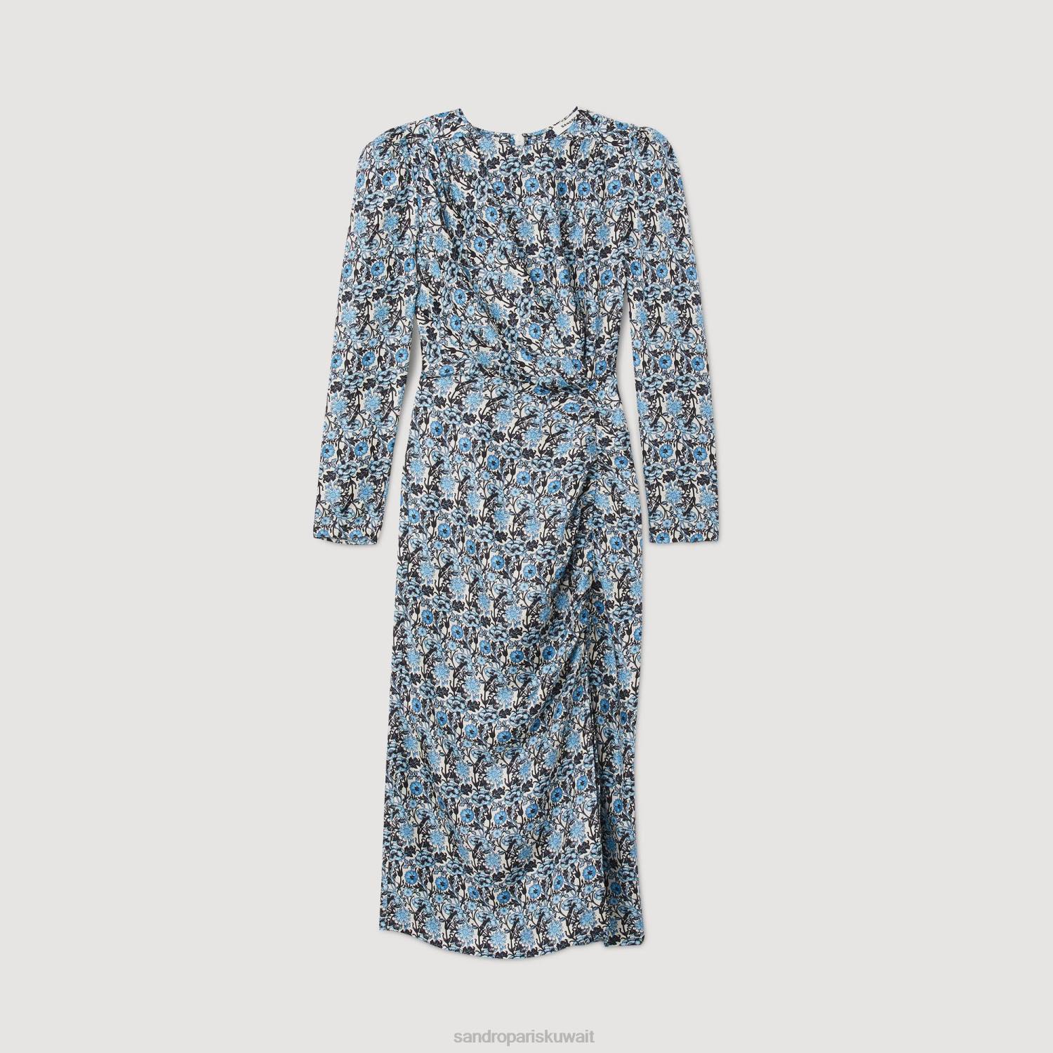ثياب Sandro Paris فستان طويل من الحرير أزرق/بيج نحيف ZJ0051
