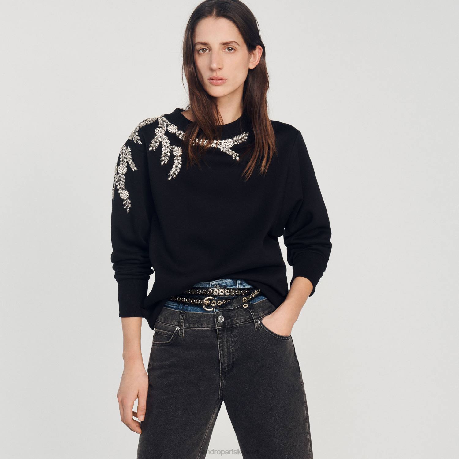 مُكَمِّلات Sandro Paris حزام من الجلد مع الثقوب أسود نحيف ZJ00525