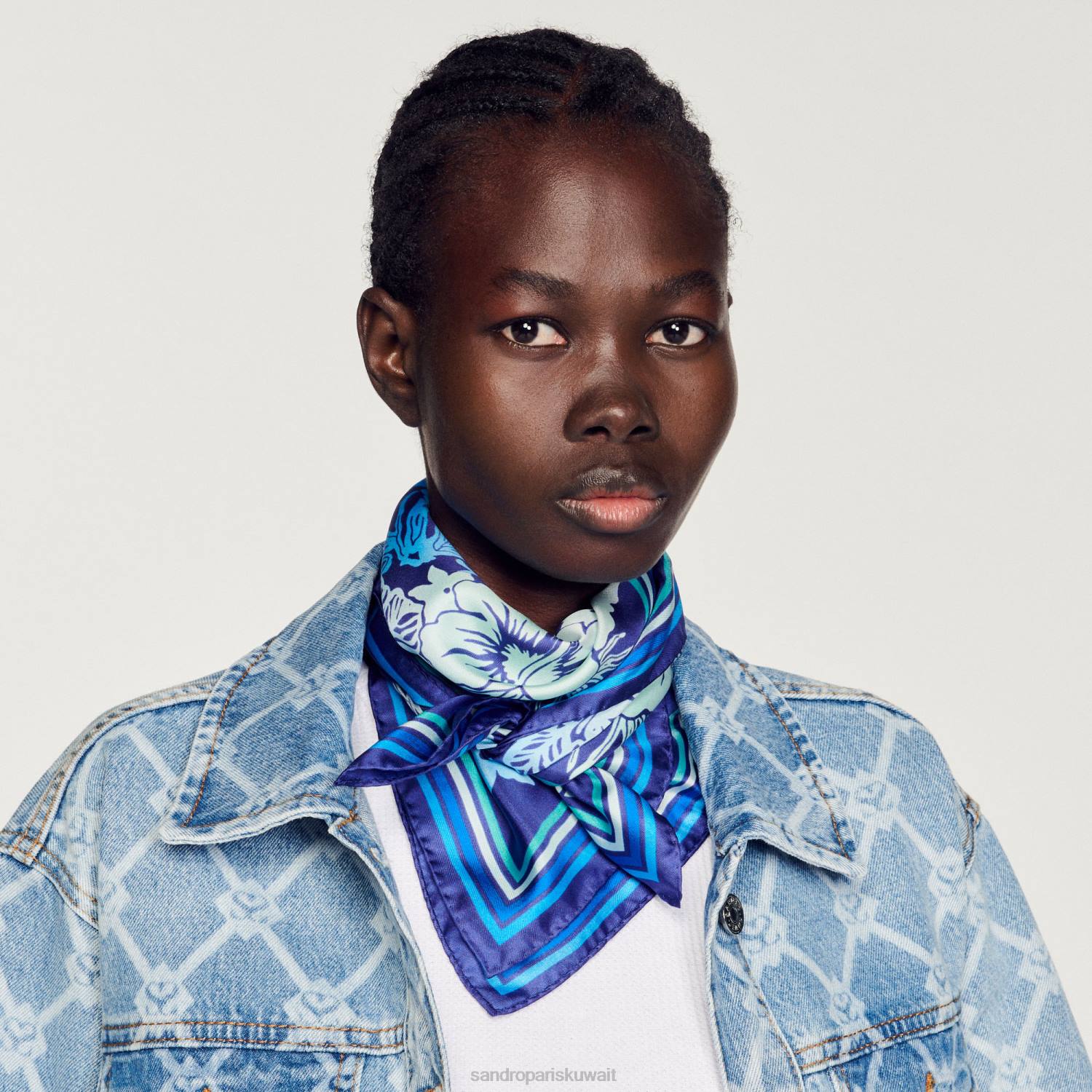 مُكَمِّلات Sandro Paris وشاح حرير أزرق نحيف ZJ00543