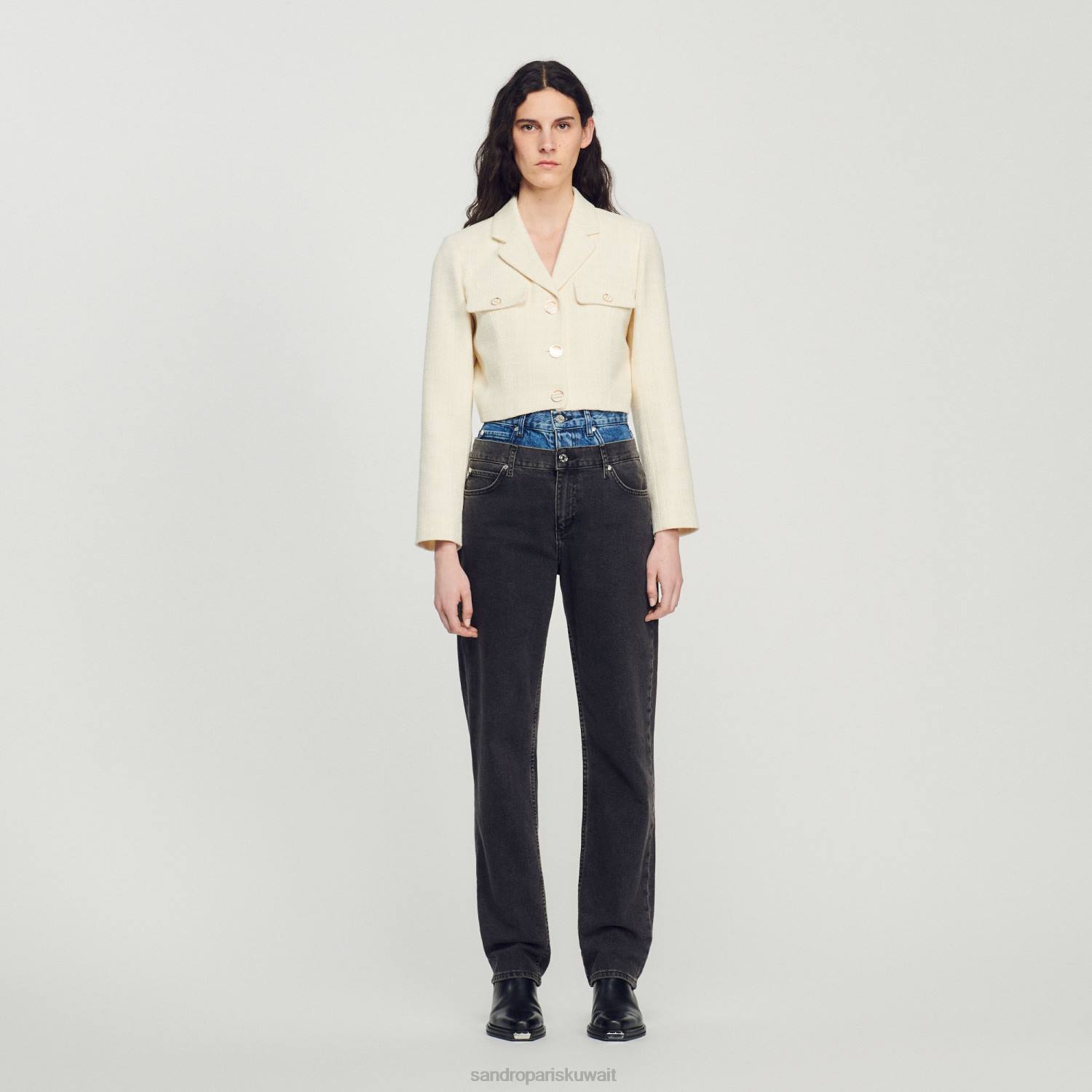 ثياب Sandro Paris سترة قصيرة من التويد بأزرار بيج فاتح نحيف ZJ0055
