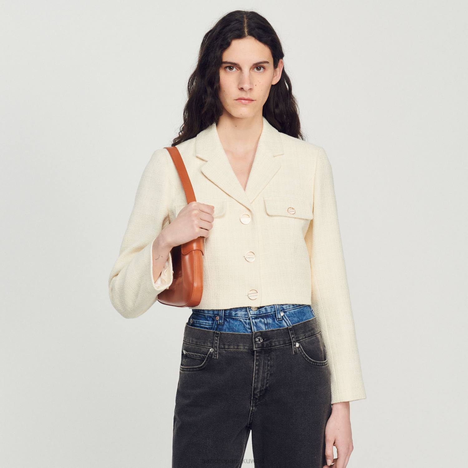 ثياب Sandro Paris سترة قصيرة من التويد بأزرار بيج فاتح نحيف ZJ0055