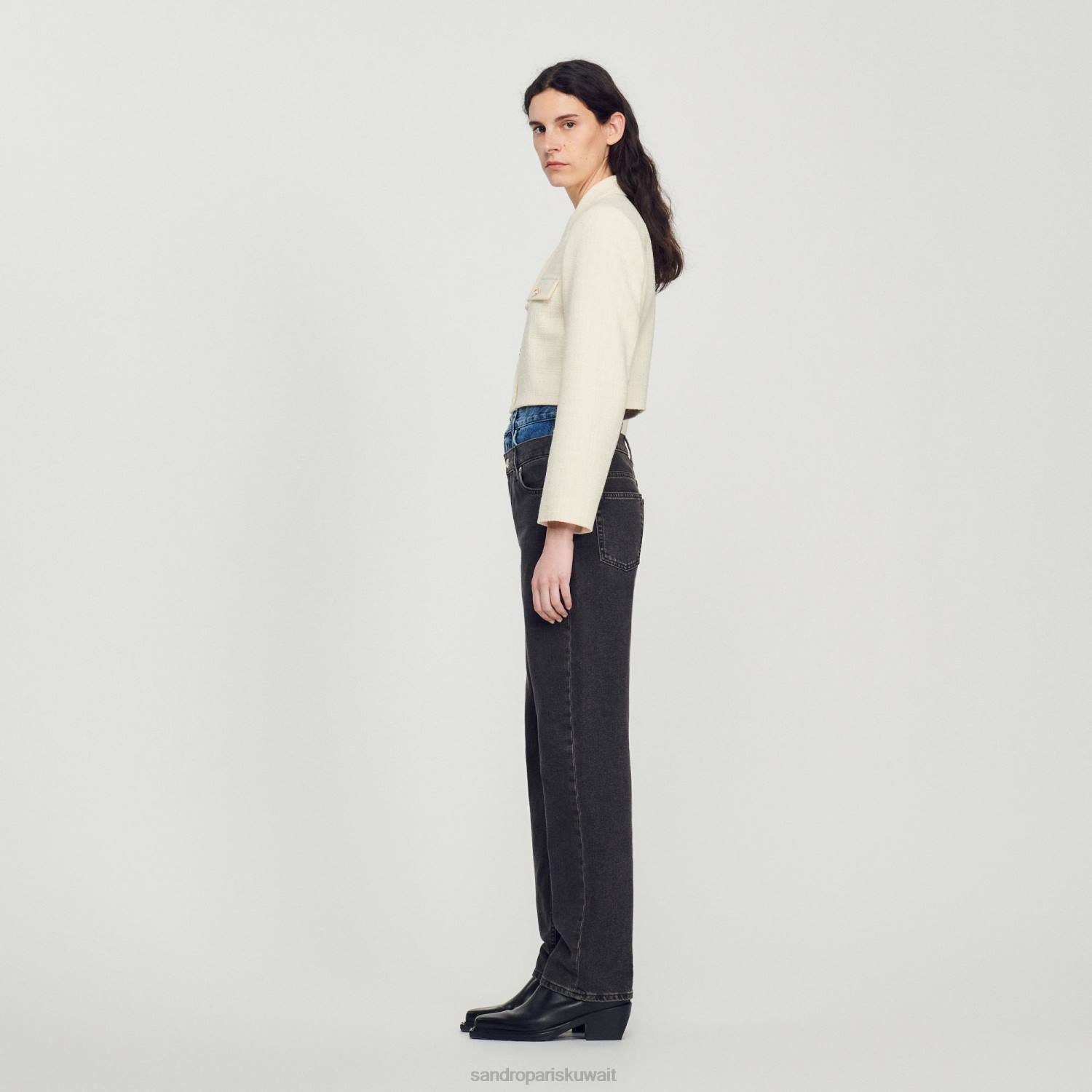 ثياب Sandro Paris سترة قصيرة من التويد بأزرار بيج فاتح نحيف ZJ0055