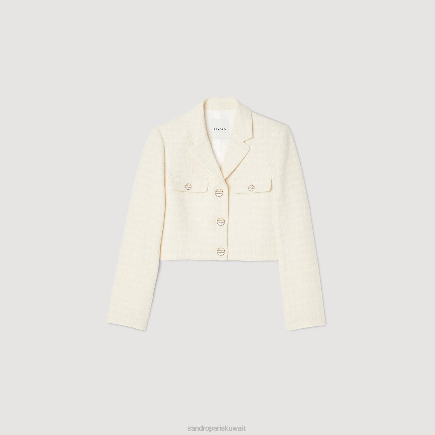 ثياب Sandro Paris سترة قصيرة من التويد بأزرار بيج فاتح نحيف ZJ0055