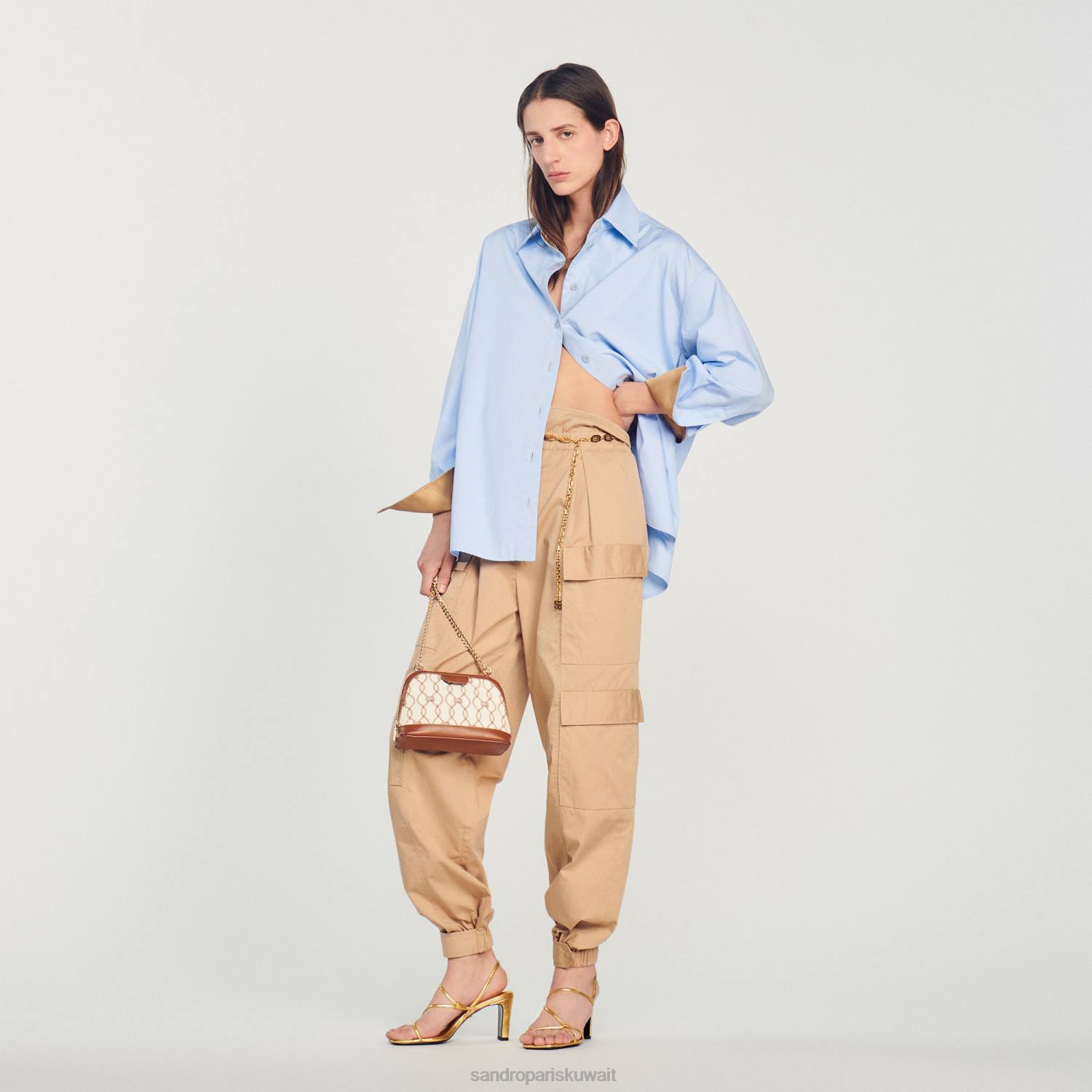 مُكَمِّلات Sandro Paris حقيبة ريتا مصنوعة من قماش المونوغرام بني/إكرو نحيف ZJ00578