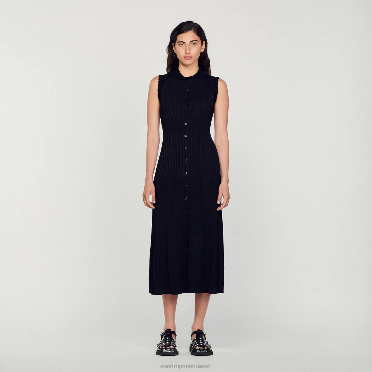 ثياب Sandro Paris فستان ماكسي مضلع أسود نحيف ZJ0058