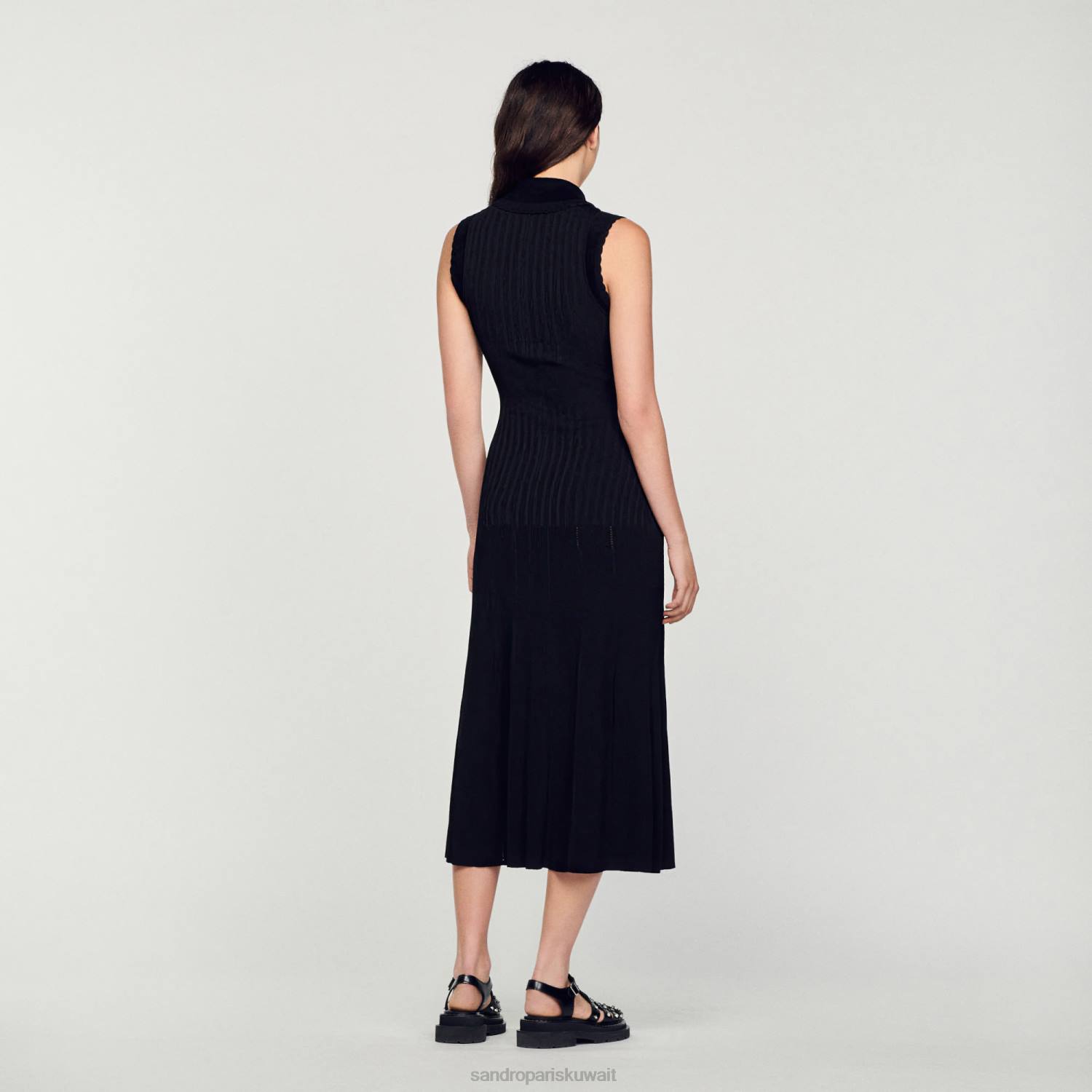 ثياب Sandro Paris فستان ماكسي مضلع أسود نحيف ZJ0058