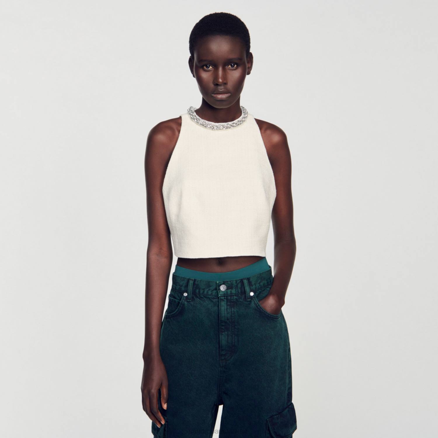 ثياب Sandro Paris تويد اقتصاص أعلى بيج فاتح نحيف ZJ0059