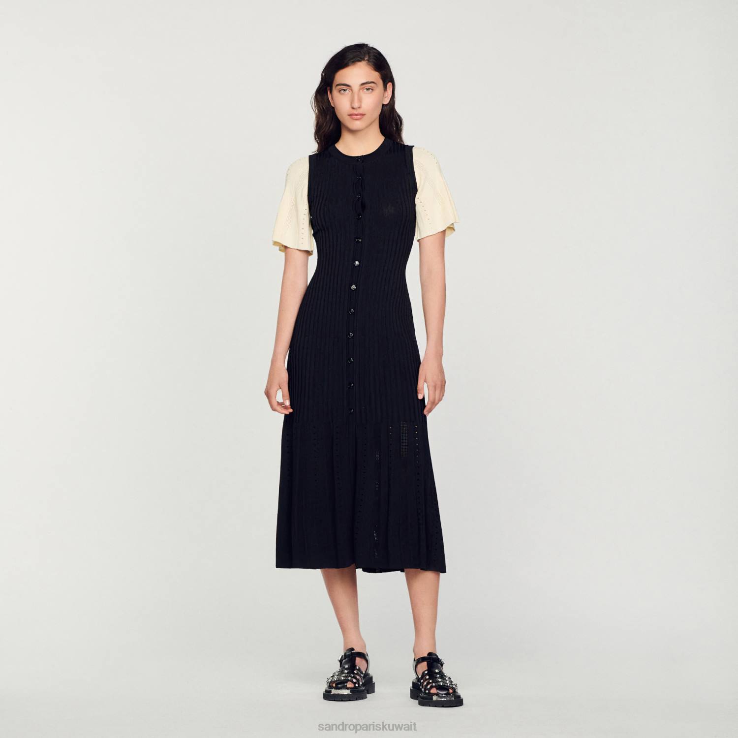 ثياب Sandro Paris فستان ميدي متماسكة بلونين أسود نحيف ZJ006