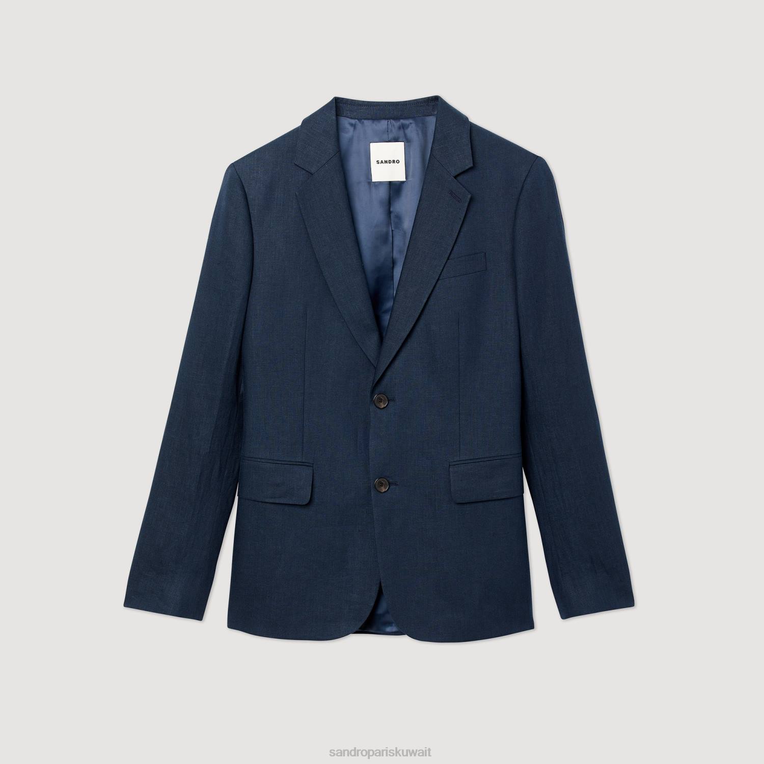 ثياب Sandro Paris سترة بدلة من الكتان الأزرق الداكن رجال ZJ00616
