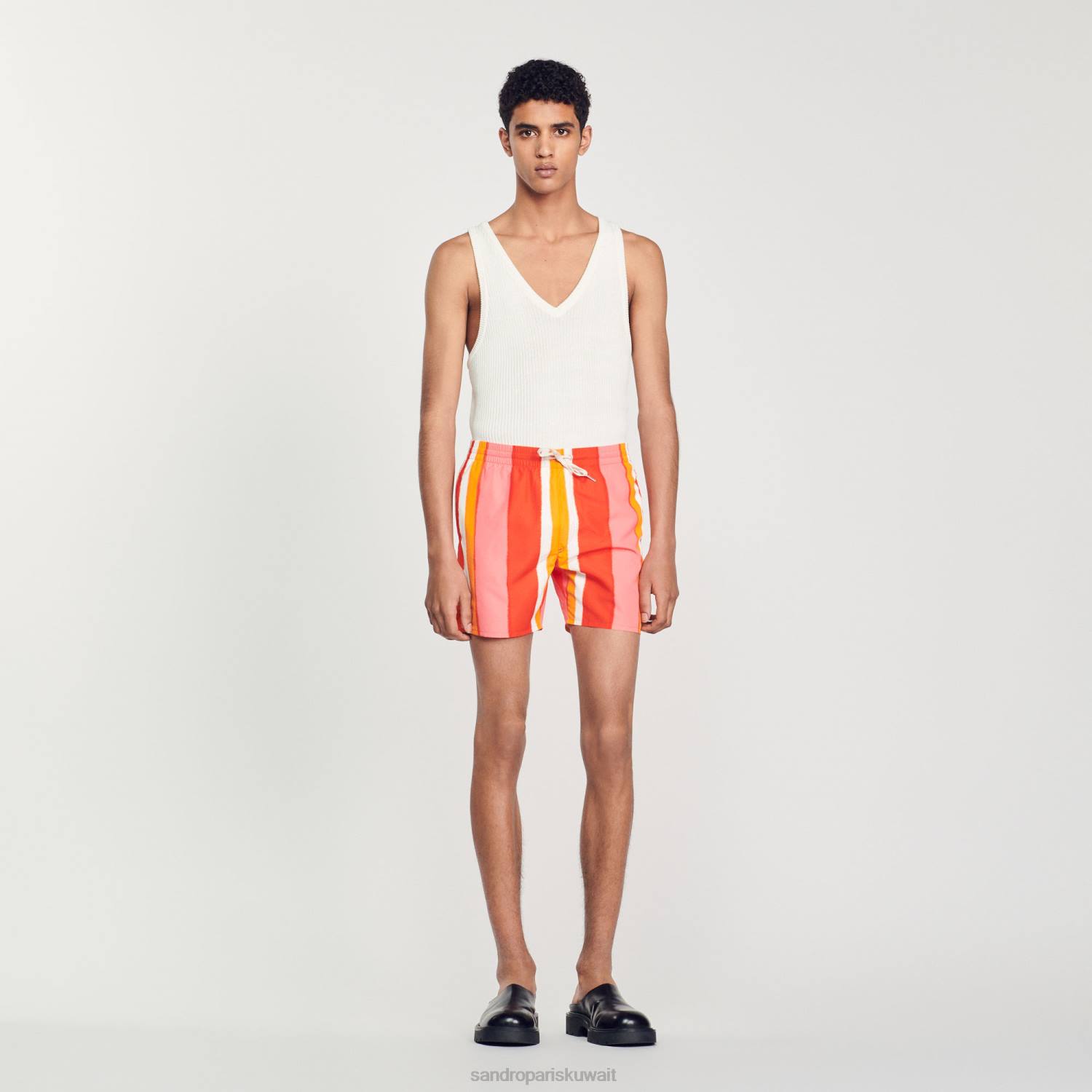 ثياب Sandro Paris شورت سباحة مخطط مطبوع أحمر رجال ZJ00620