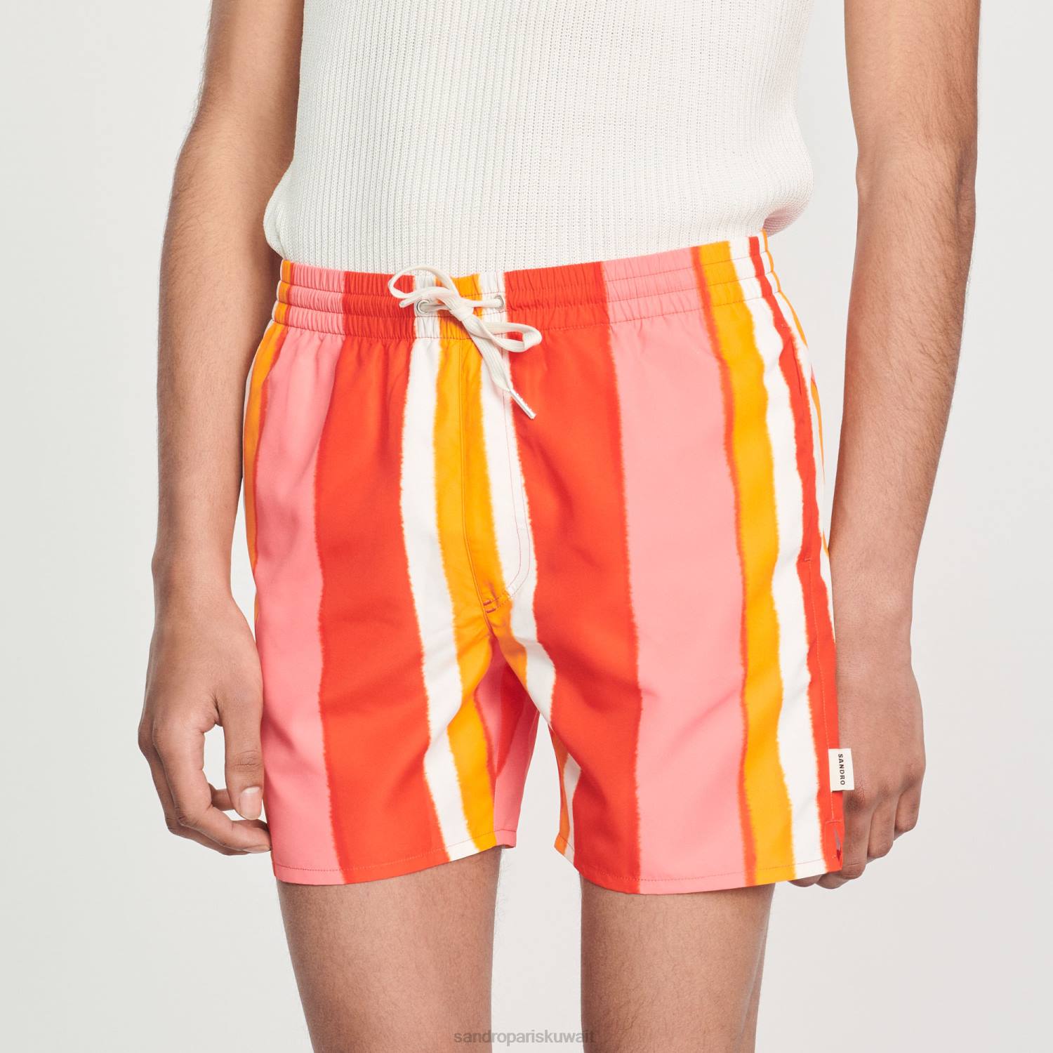 ثياب Sandro Paris شورت سباحة مخطط مطبوع أحمر رجال ZJ00620