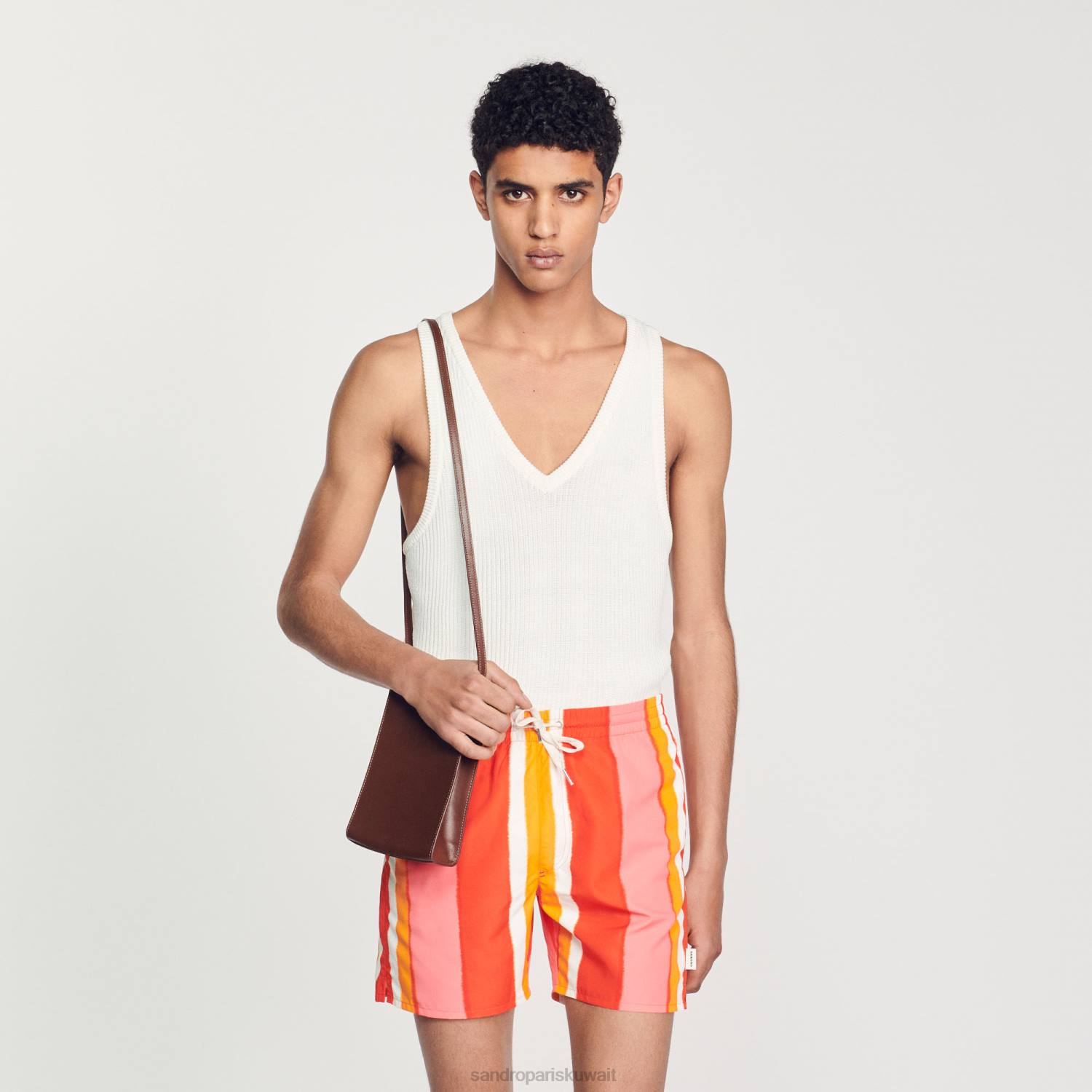 ثياب Sandro Paris شورت سباحة مخطط مطبوع أحمر رجال ZJ00620