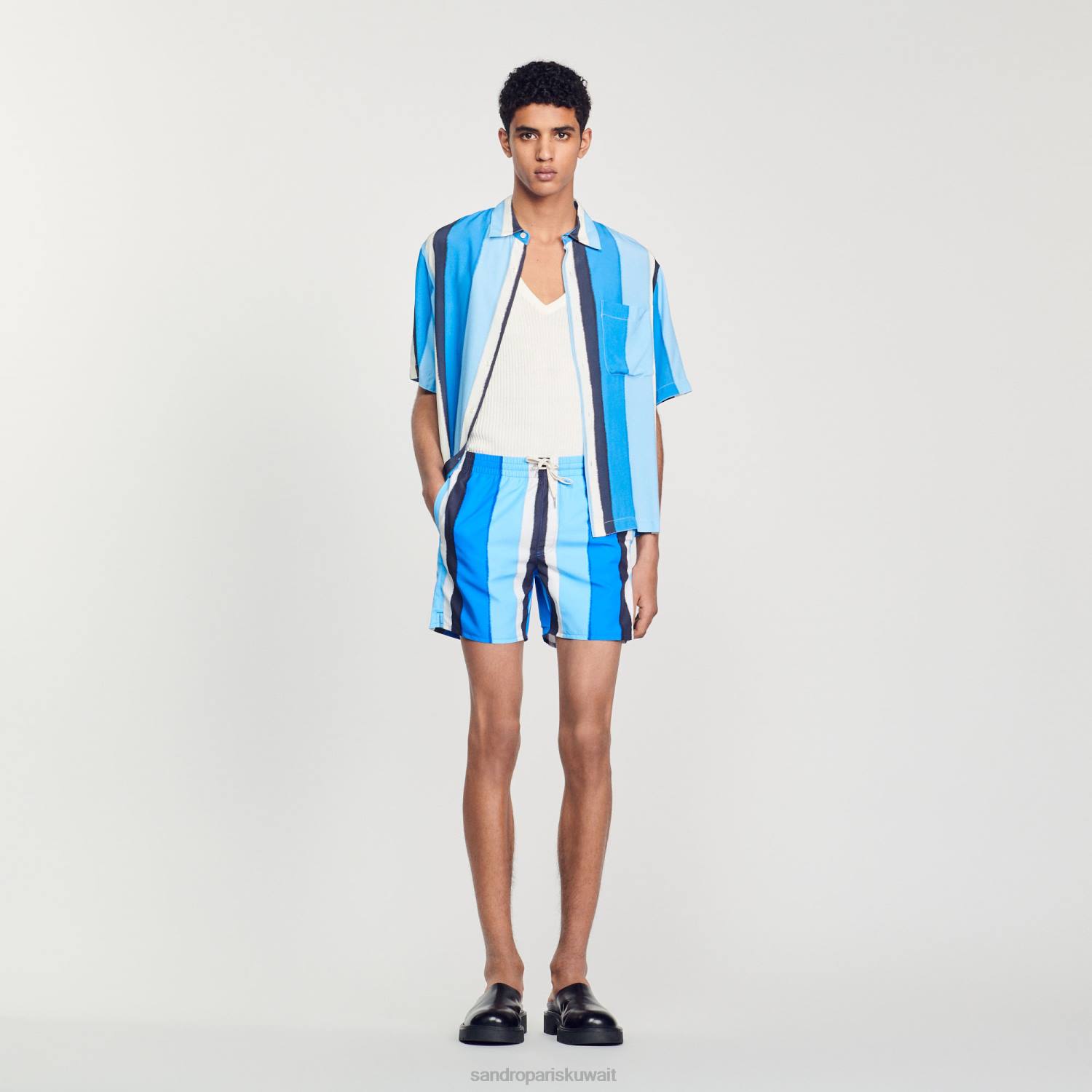 ثياب Sandro Paris شورت سباحة مخطط مطبوع أزرق رجال ZJ00621