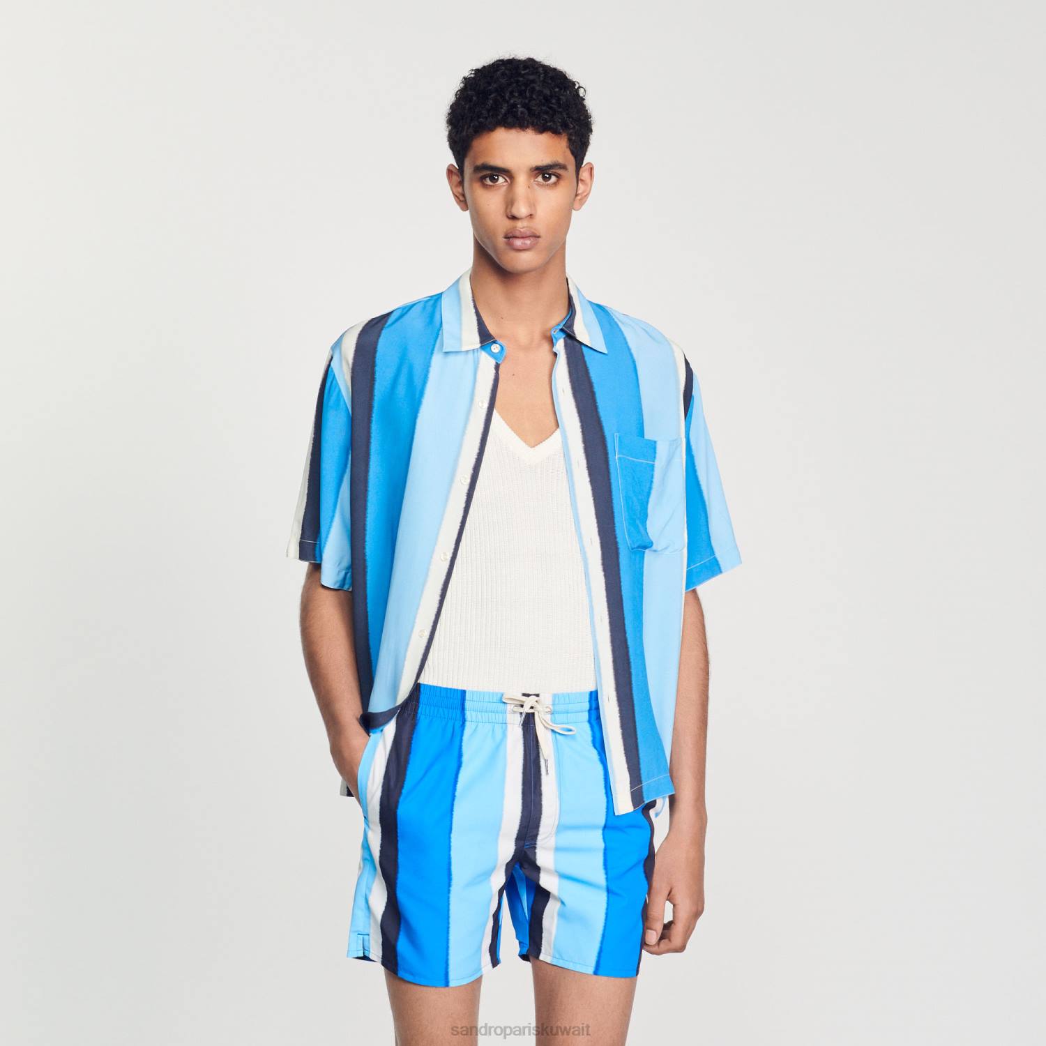 ثياب Sandro Paris شورت سباحة مخطط مطبوع أزرق رجال ZJ00621