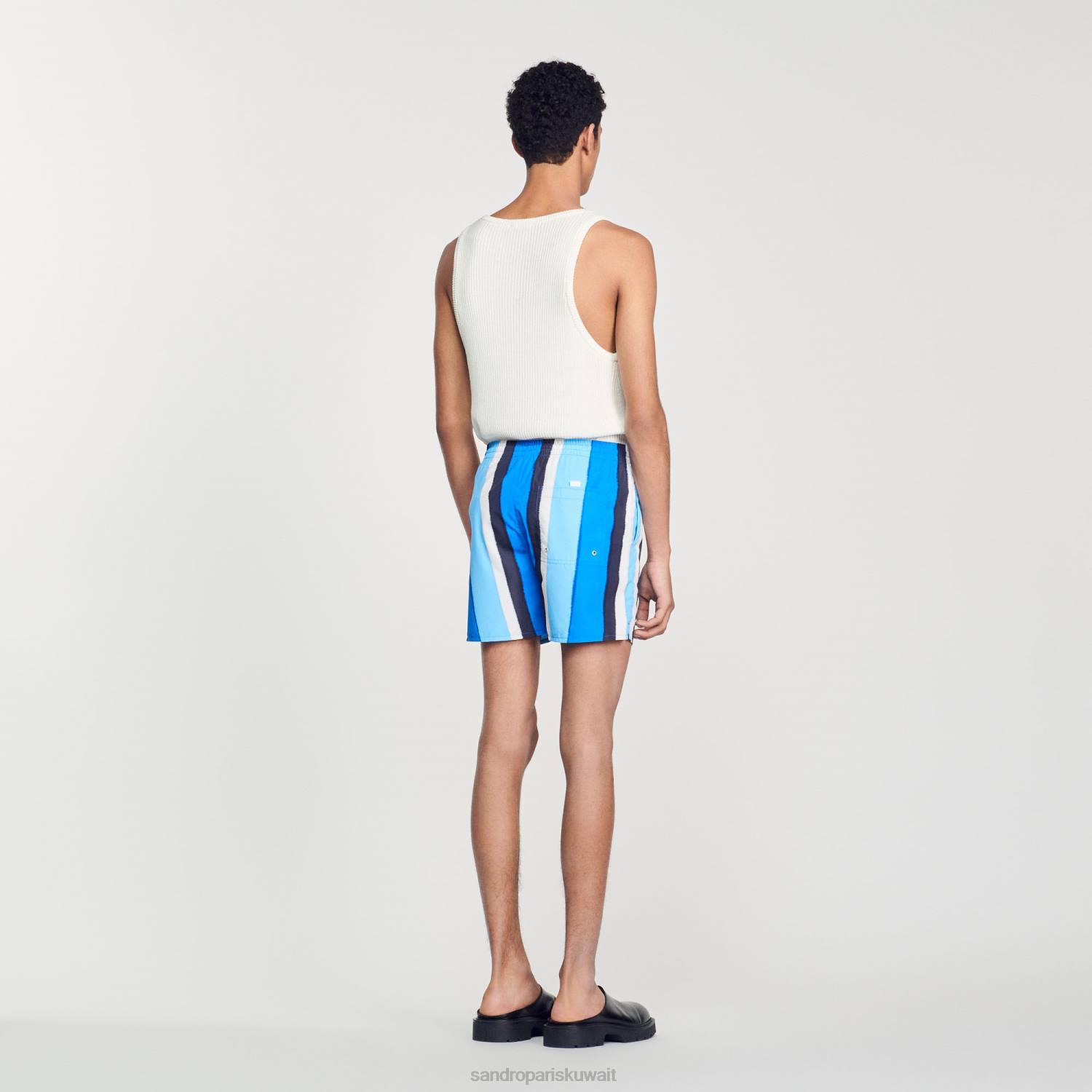 ثياب Sandro Paris شورت سباحة مخطط مطبوع أزرق رجال ZJ00621