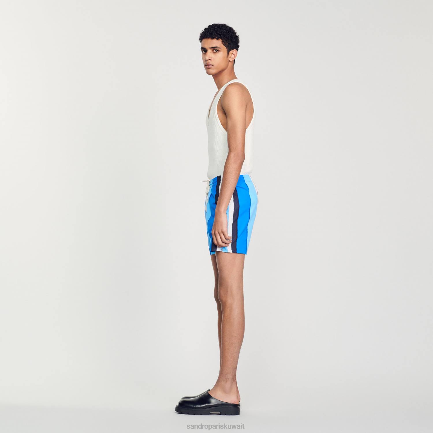 ثياب Sandro Paris شورت سباحة مخطط مطبوع أزرق رجال ZJ00621