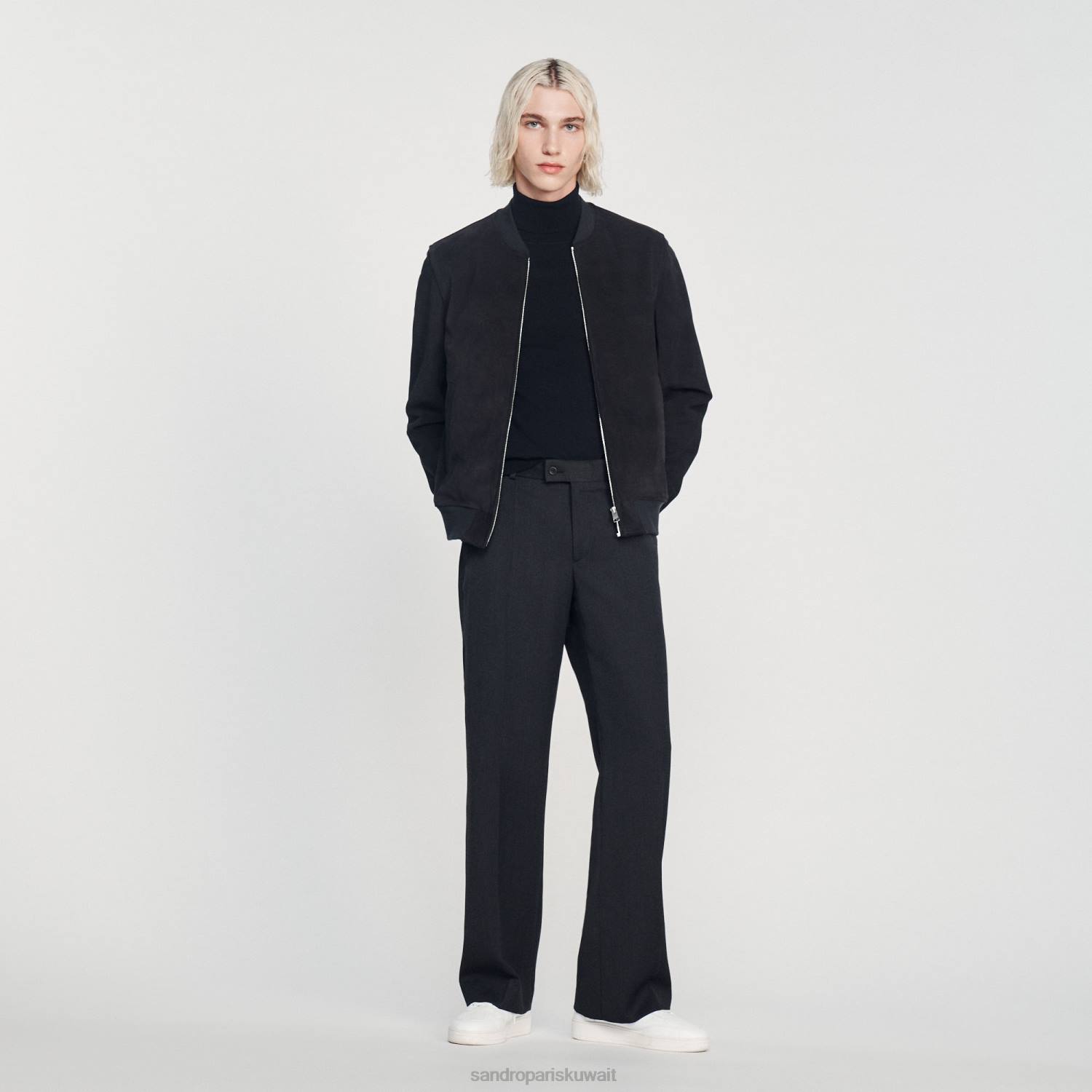 ثياب Sandro Paris سترة من جلد الغزال الأزرق الداكن رجال ZJ00622