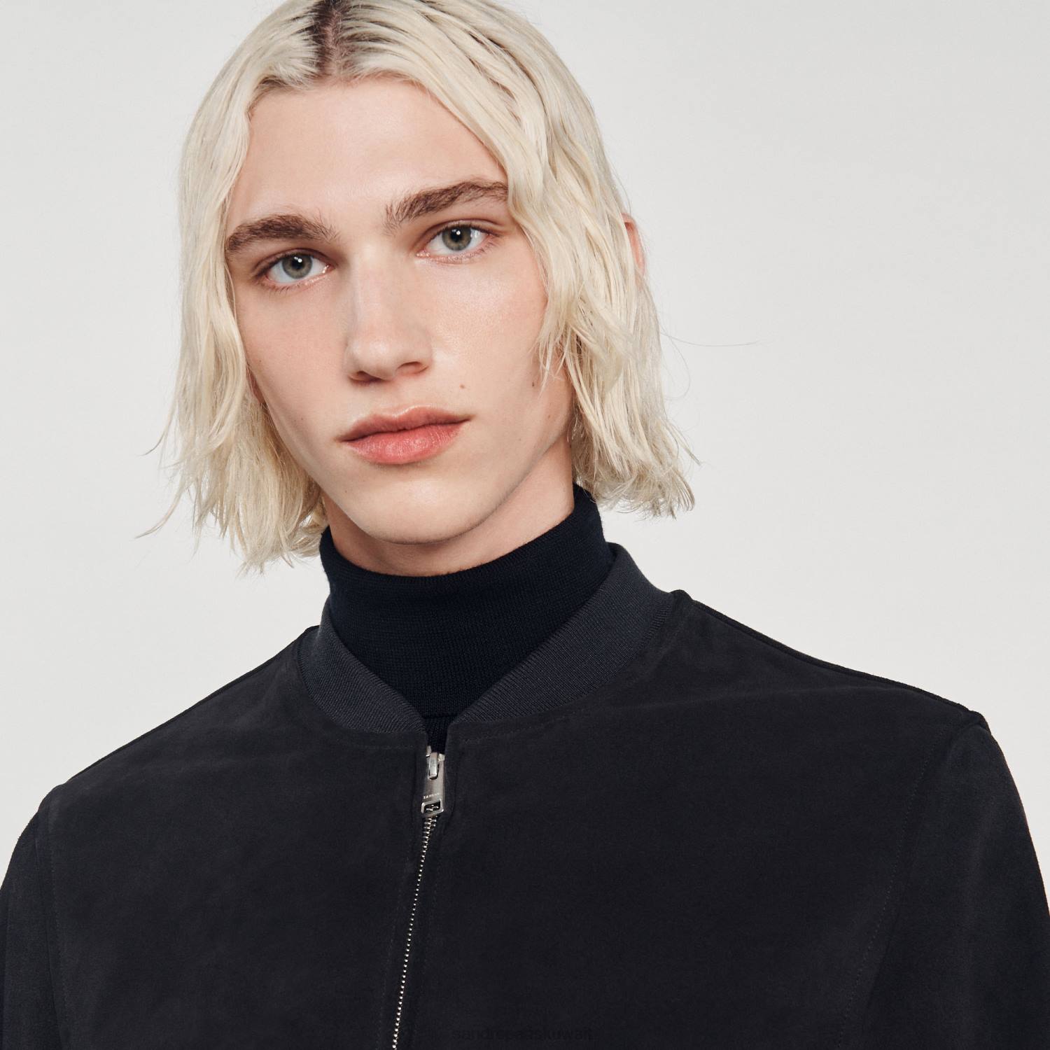 ثياب Sandro Paris سترة من جلد الغزال الأزرق الداكن رجال ZJ00622