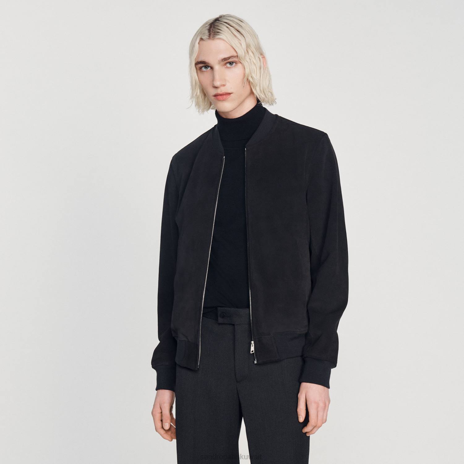 ثياب Sandro Paris سترة من جلد الغزال الأزرق الداكن رجال ZJ00622