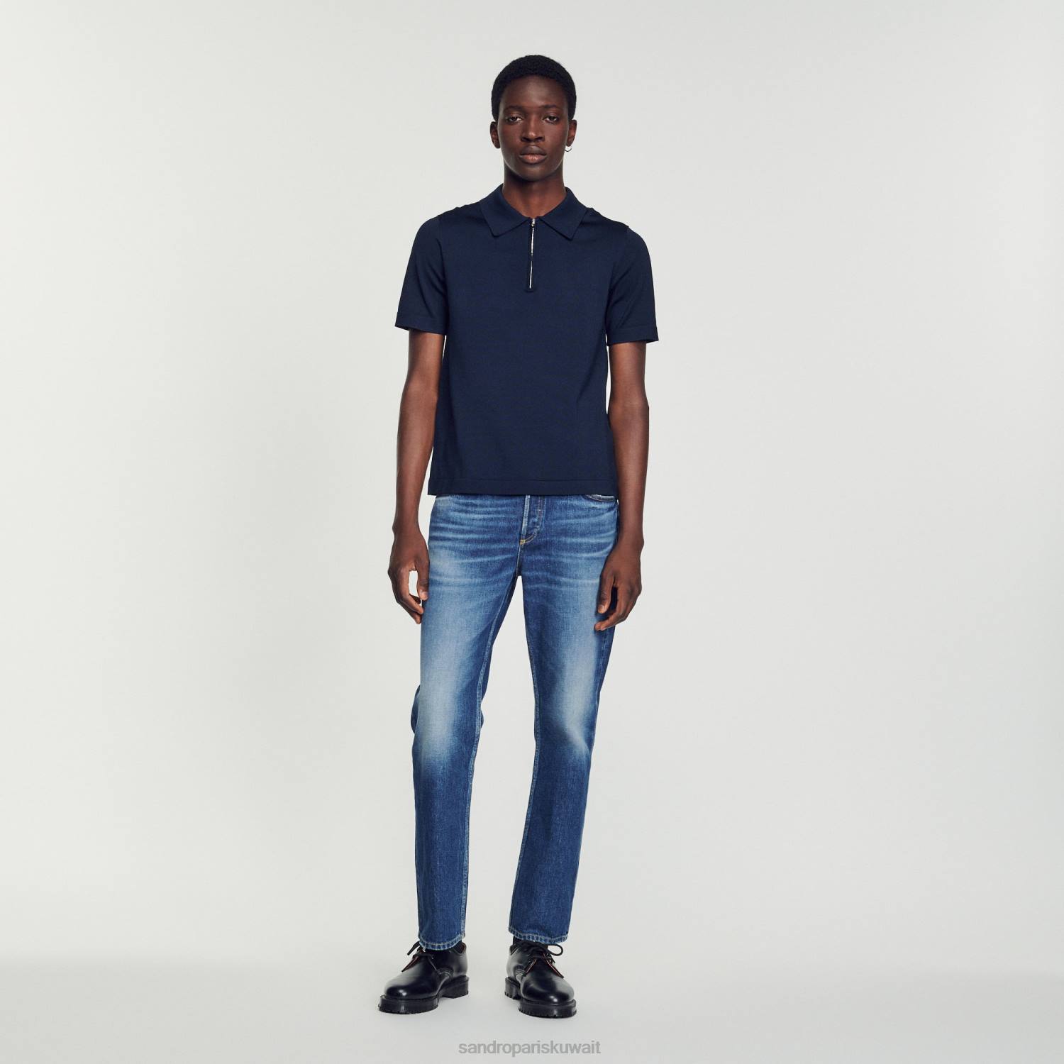 ثياب Sandro Paris قميص بولو محبوك بياقة بسحاب الأزرق الداكن رجال ZJ00628