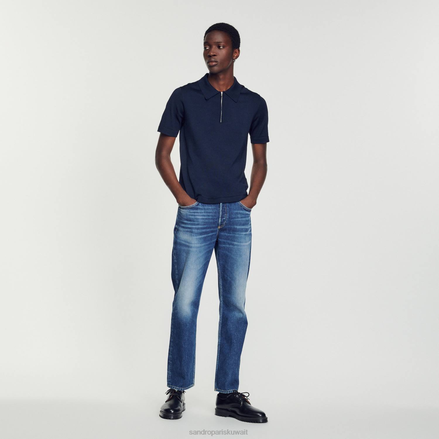 ثياب Sandro Paris قميص بولو محبوك بياقة بسحاب الأزرق الداكن رجال ZJ00628