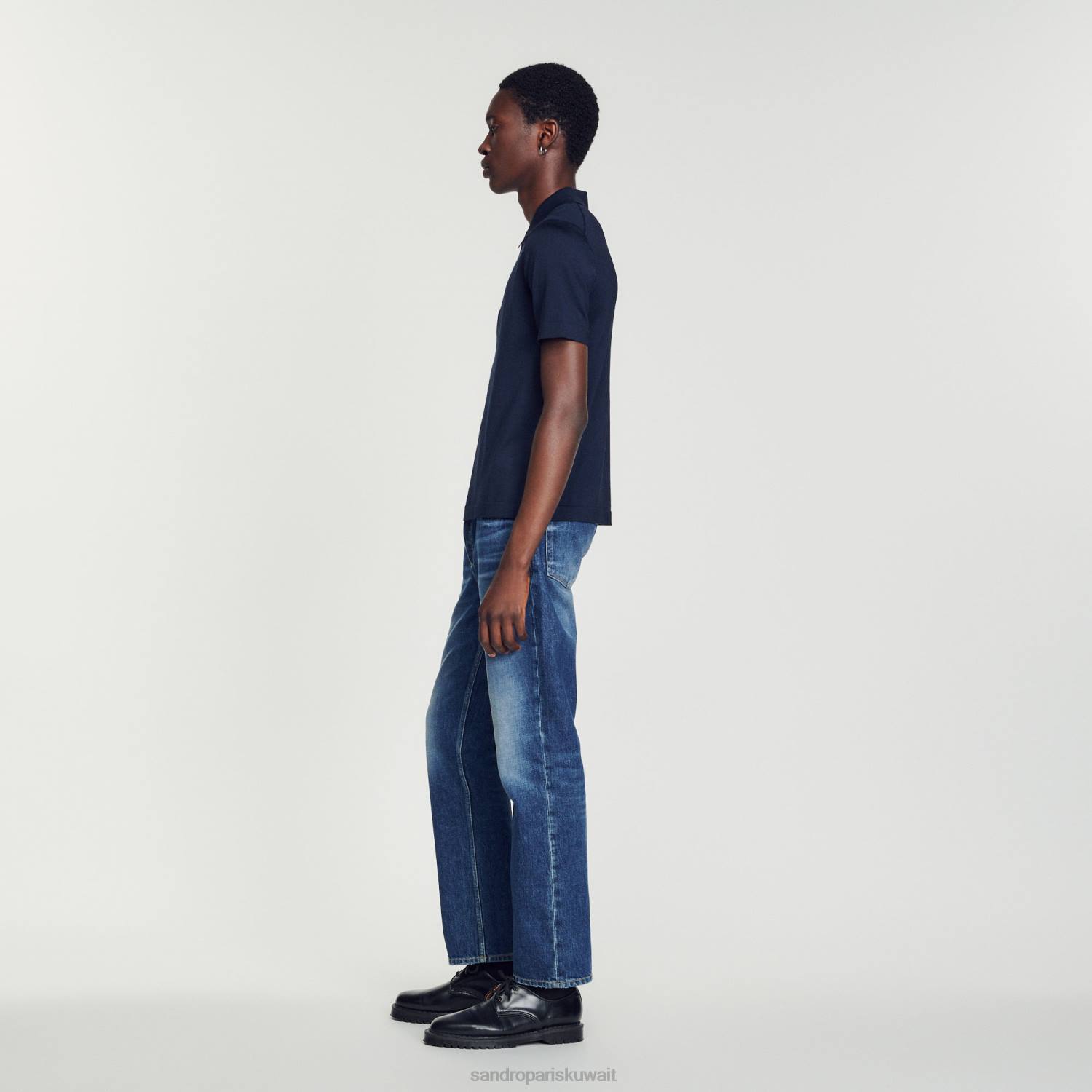 ثياب Sandro Paris قميص بولو محبوك بياقة بسحاب الأزرق الداكن رجال ZJ00628