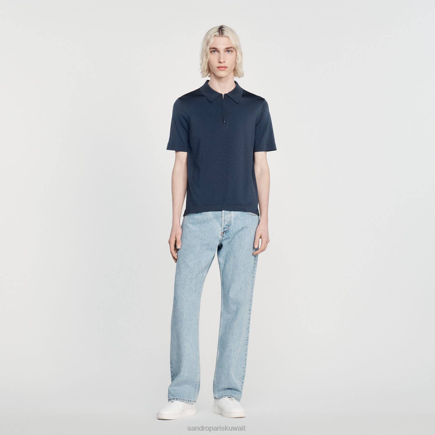 ثياب Sandro Paris قميص بولو محبوك بياقة بسحاب أزرق رجال ZJ00630