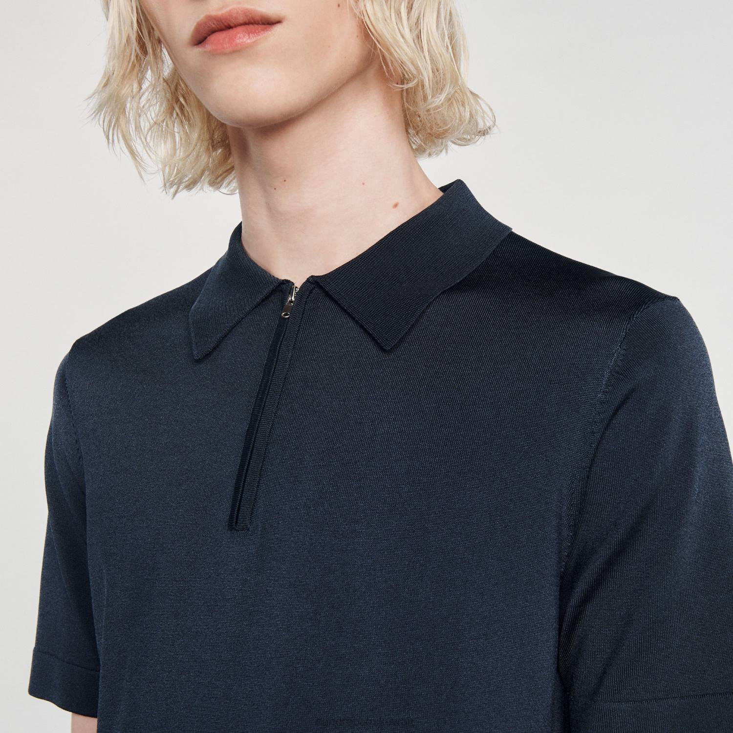 ثياب Sandro Paris قميص بولو محبوك بياقة بسحاب أزرق رجال ZJ00630