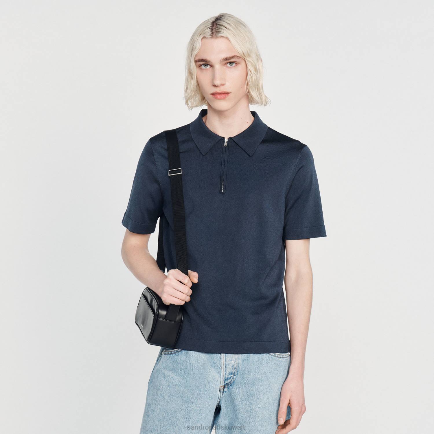 ثياب Sandro Paris قميص بولو محبوك بياقة بسحاب أزرق رجال ZJ00630