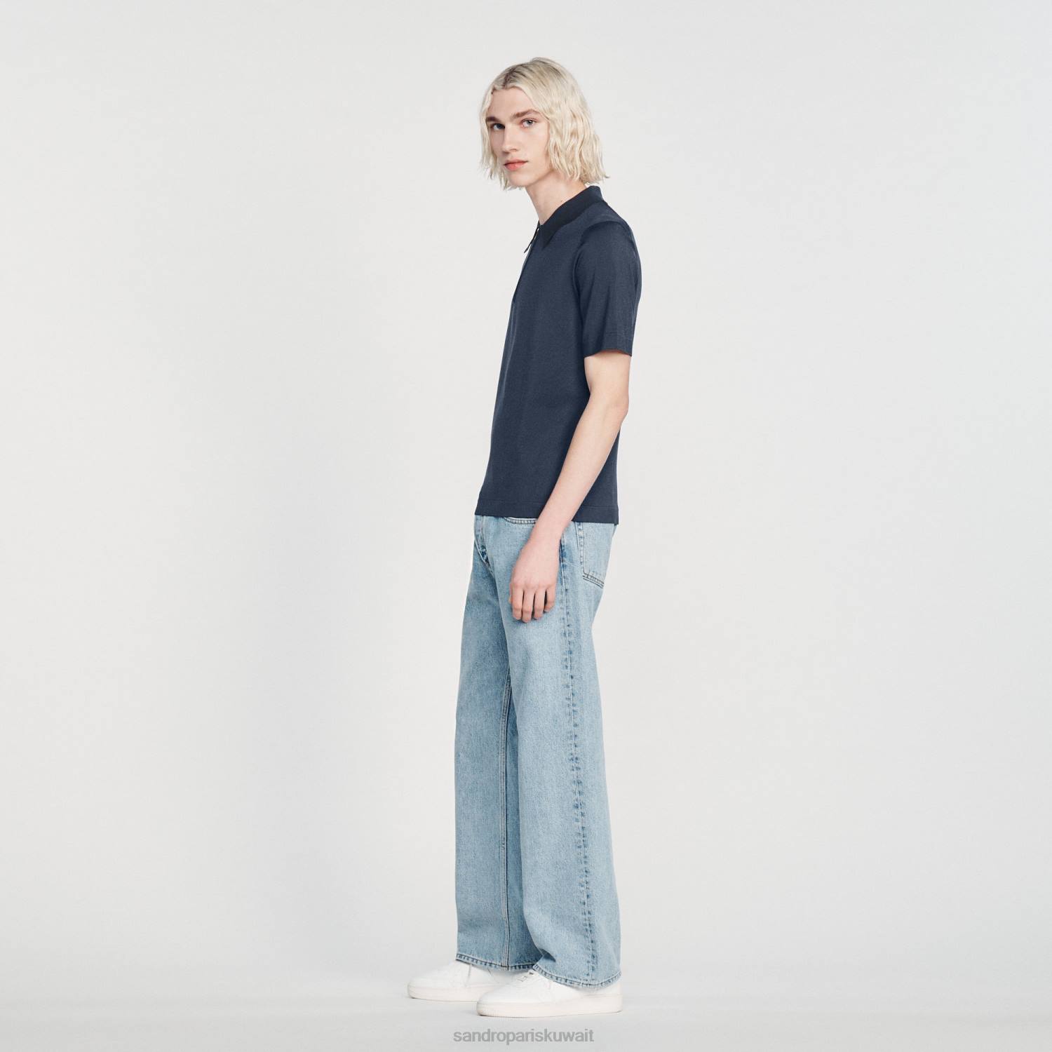 ثياب Sandro Paris قميص بولو محبوك بياقة بسحاب أزرق رجال ZJ00630