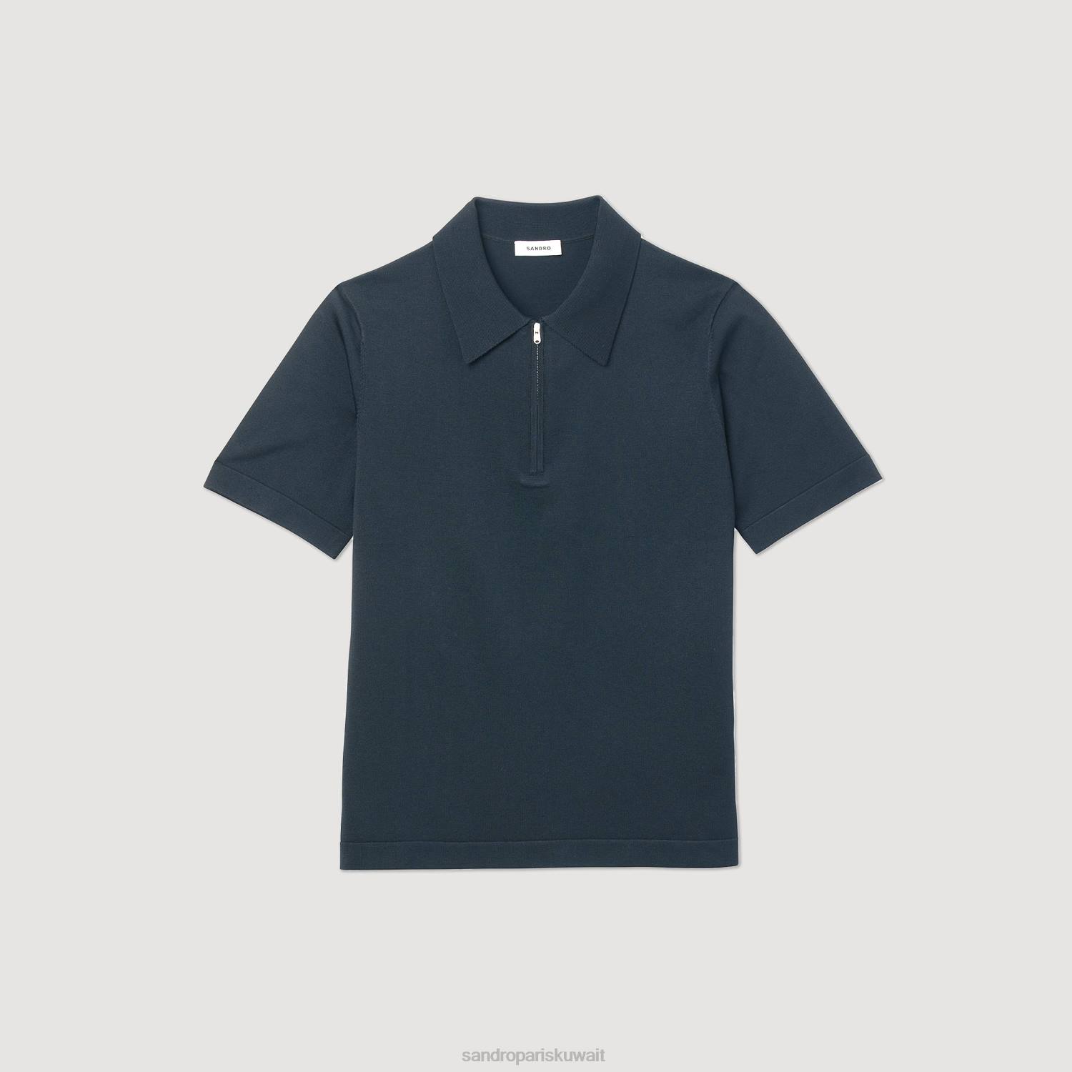 ثياب Sandro Paris قميص بولو محبوك بياقة بسحاب أزرق رجال ZJ00630