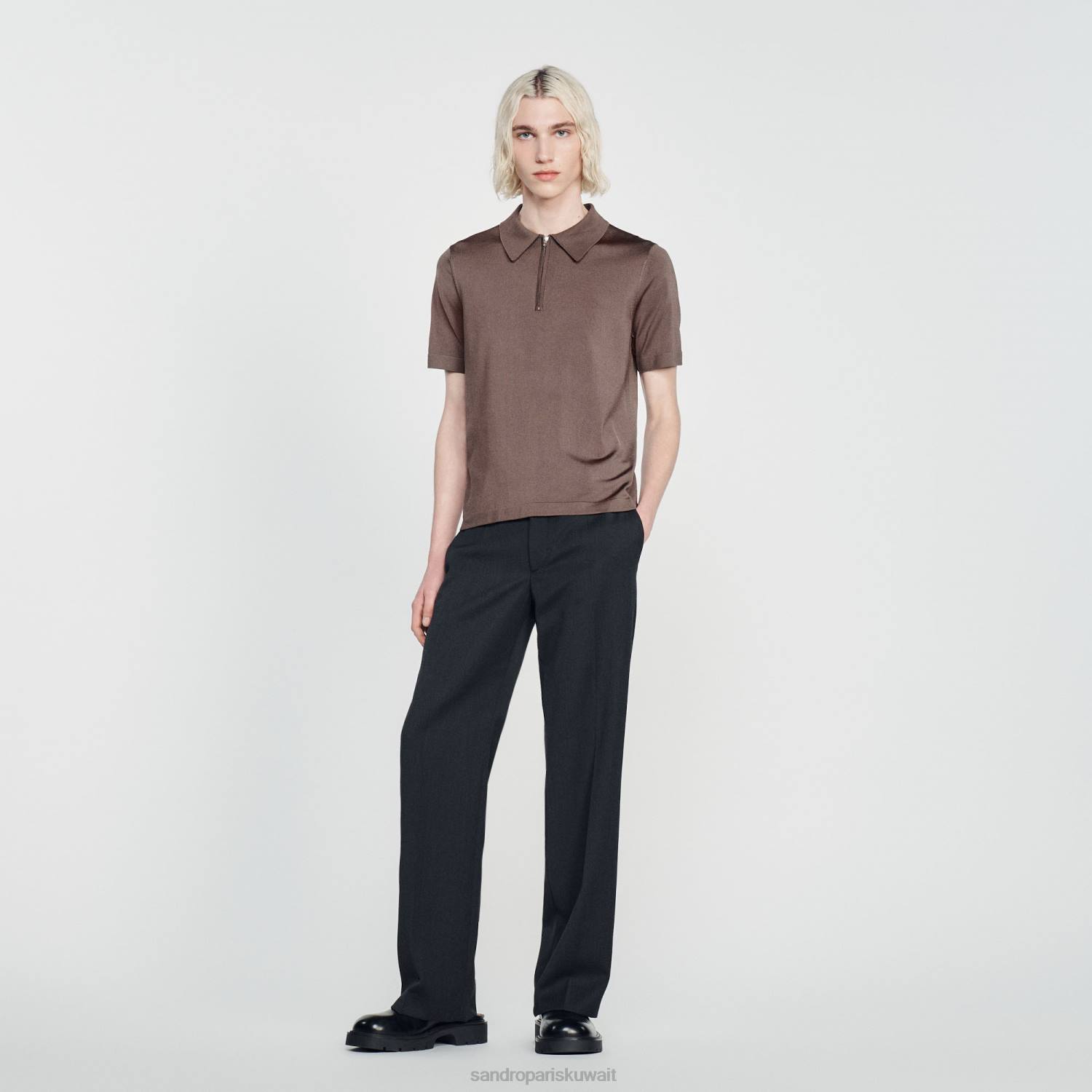 ثياب Sandro Paris قميص بولو محبوك بياقة بسحاب رمادي داكن رجال ZJ00631