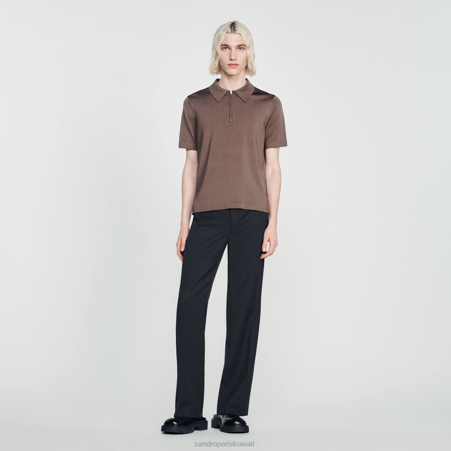 ثياب Sandro Paris قميص بولو محبوك بياقة بسحاب رمادي داكن رجال ZJ00631