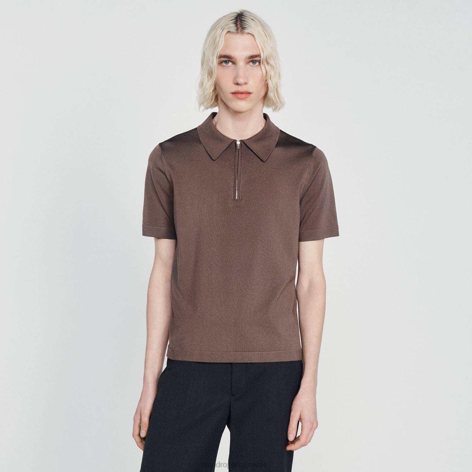 ثياب Sandro Paris قميص بولو محبوك بياقة بسحاب رمادي داكن رجال ZJ00631