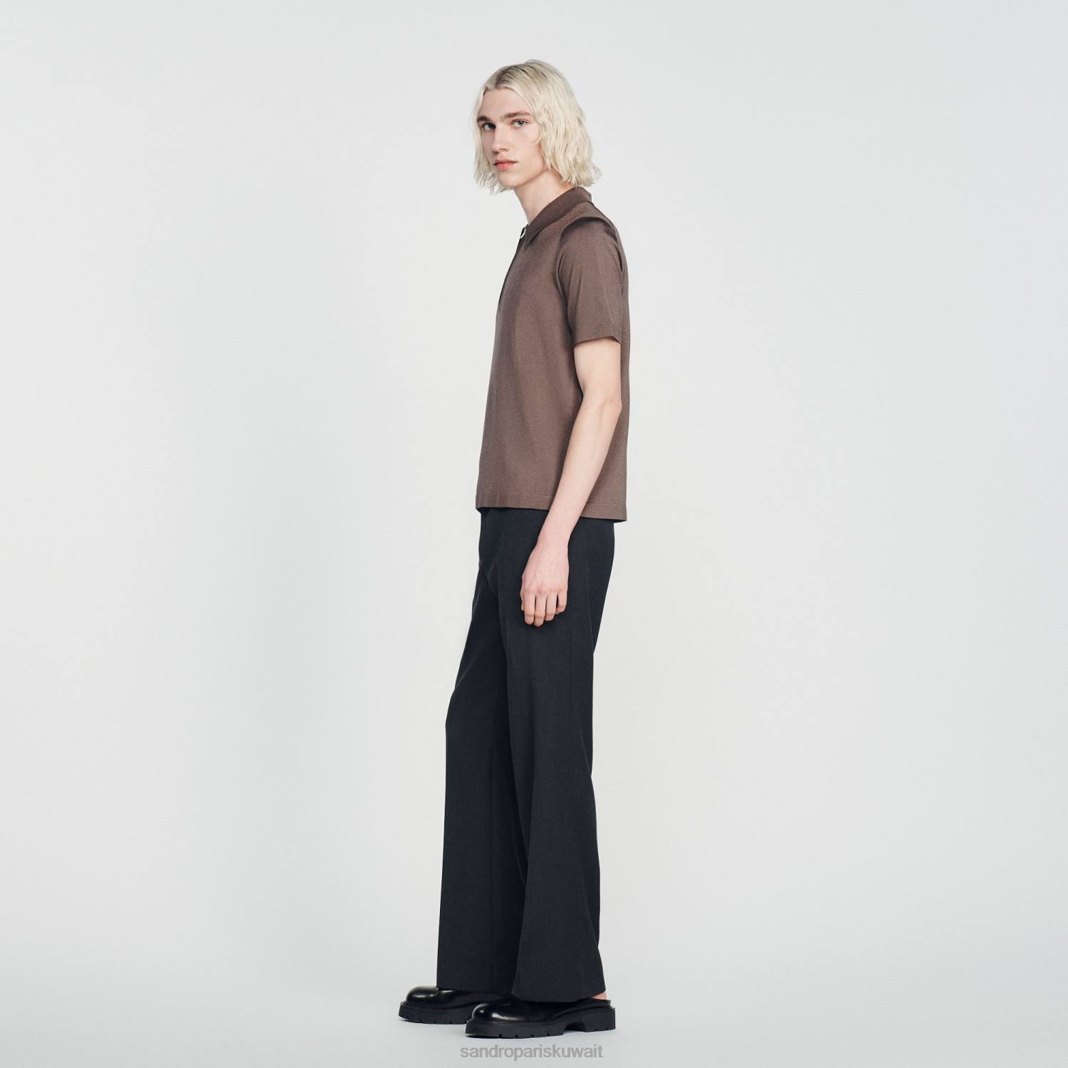 ثياب Sandro Paris قميص بولو محبوك بياقة بسحاب رمادي داكن رجال ZJ00631