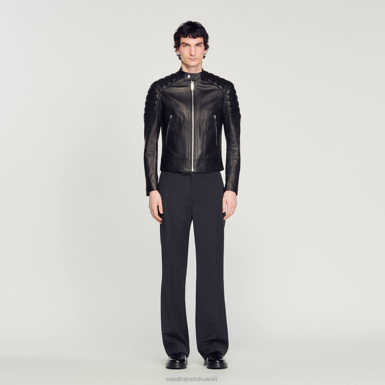 ثياب Sandro Paris سترة جلدية مع حواف مبطنة أسود رجال ZJ00637