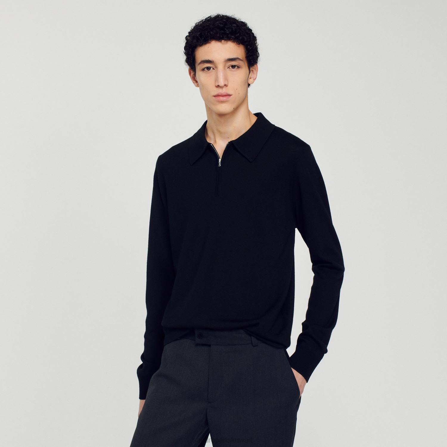 ثياب Sandro Paris سترة بولو محبوكة أسود رجال ZJ00643