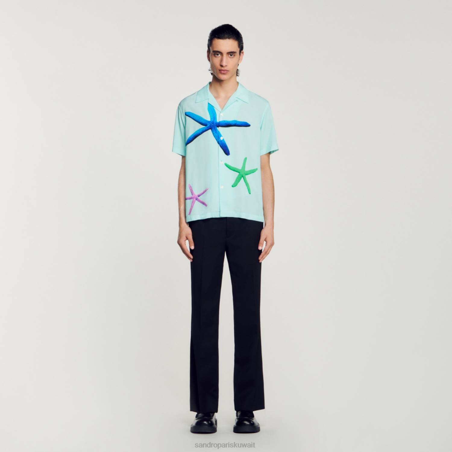 ثياب Sandro Paris قميص مطبوع عليه نجم البحر النعناع الأزرق رجال ZJ00661