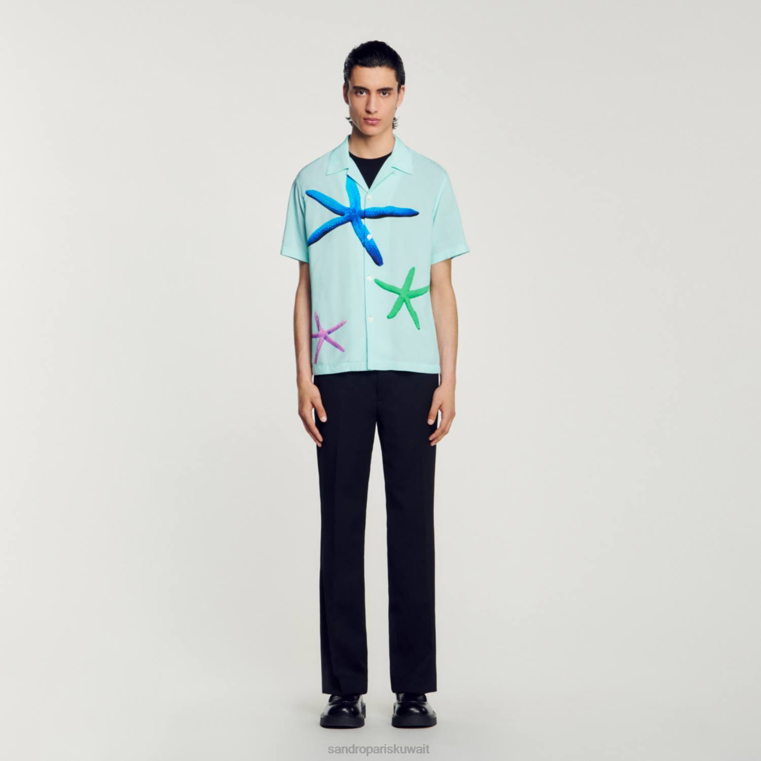ثياب Sandro Paris قميص مطبوع عليه نجم البحر النعناع الأزرق رجال ZJ00661