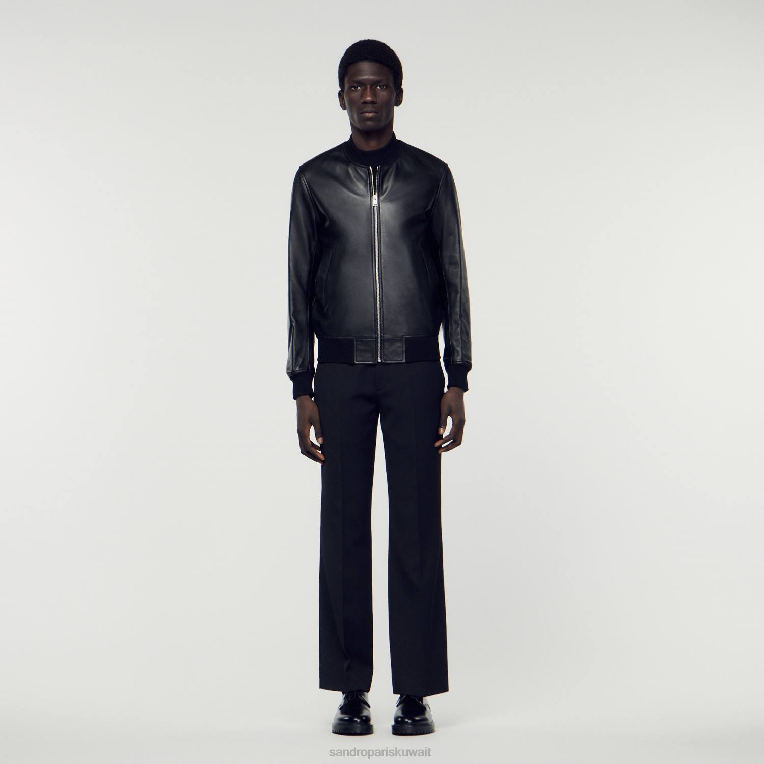 ثياب Sandro Paris سترة اسكواش جلدية ناعمة أسود رجال ZJ00664