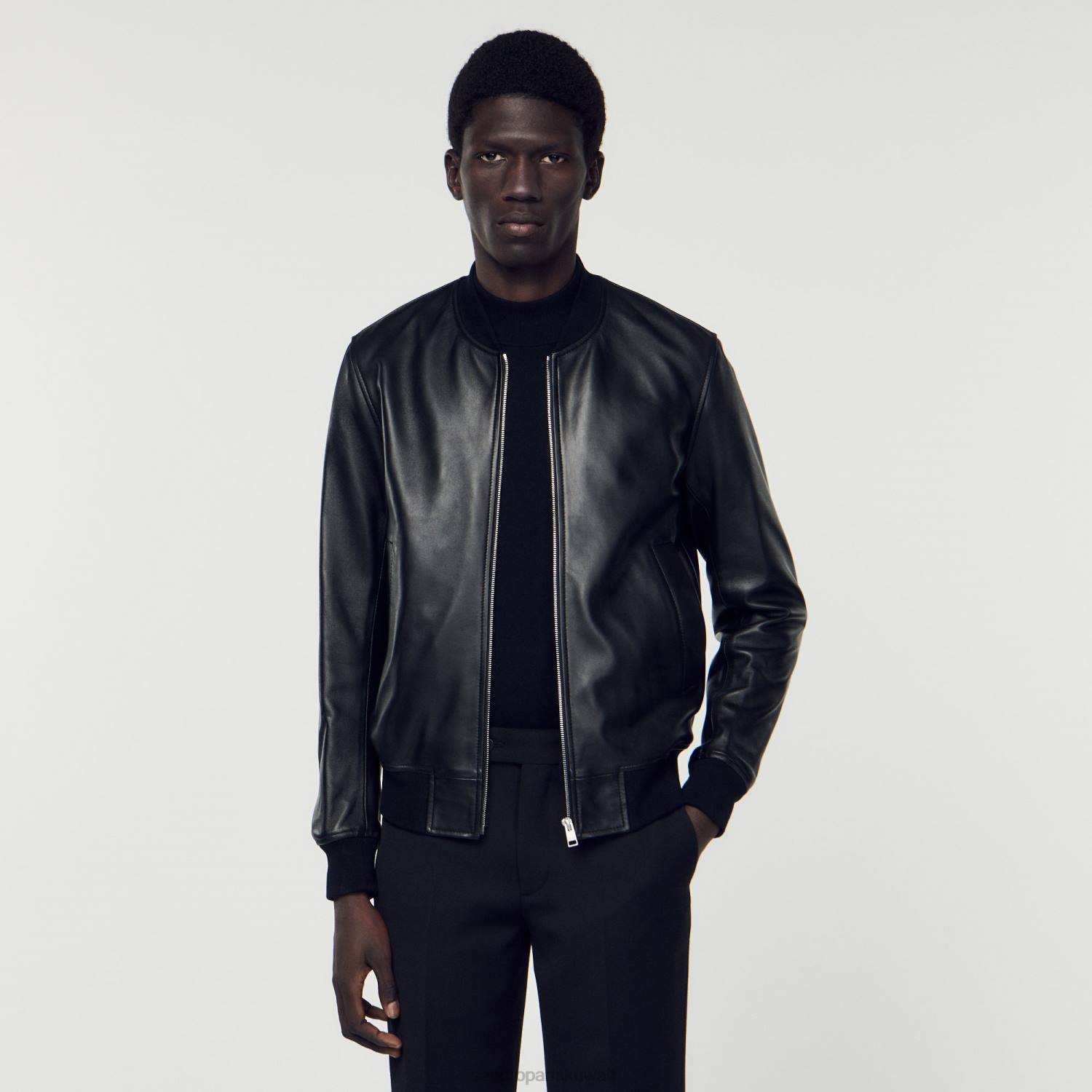 ثياب Sandro Paris سترة اسكواش جلدية ناعمة أسود رجال ZJ00664